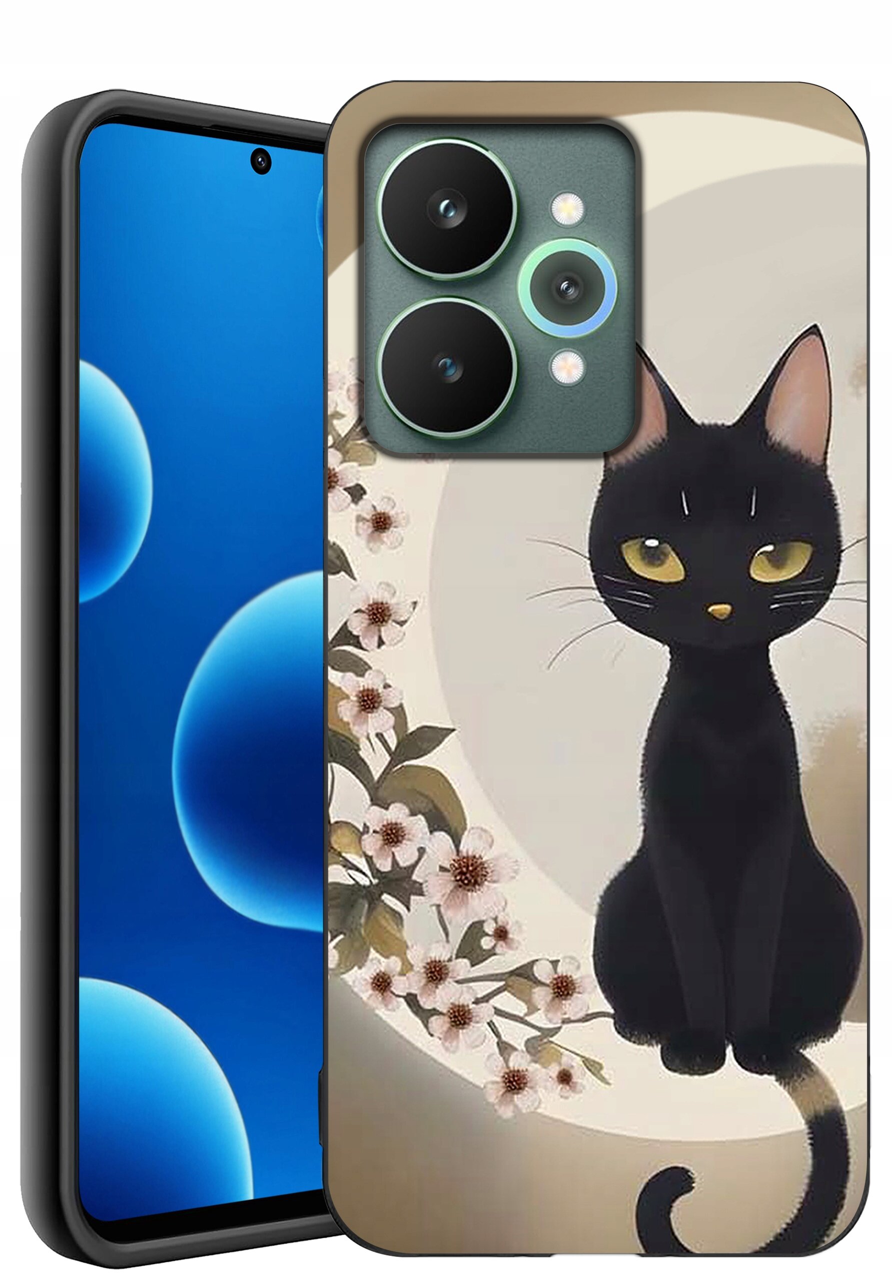 Etui na telefon z grafiką czarnego kota siedzącego na tle okręgu z kwiatami. Obok widoczny jest telefon z wyświetlaczem pokazującym niebieskie okręgi.