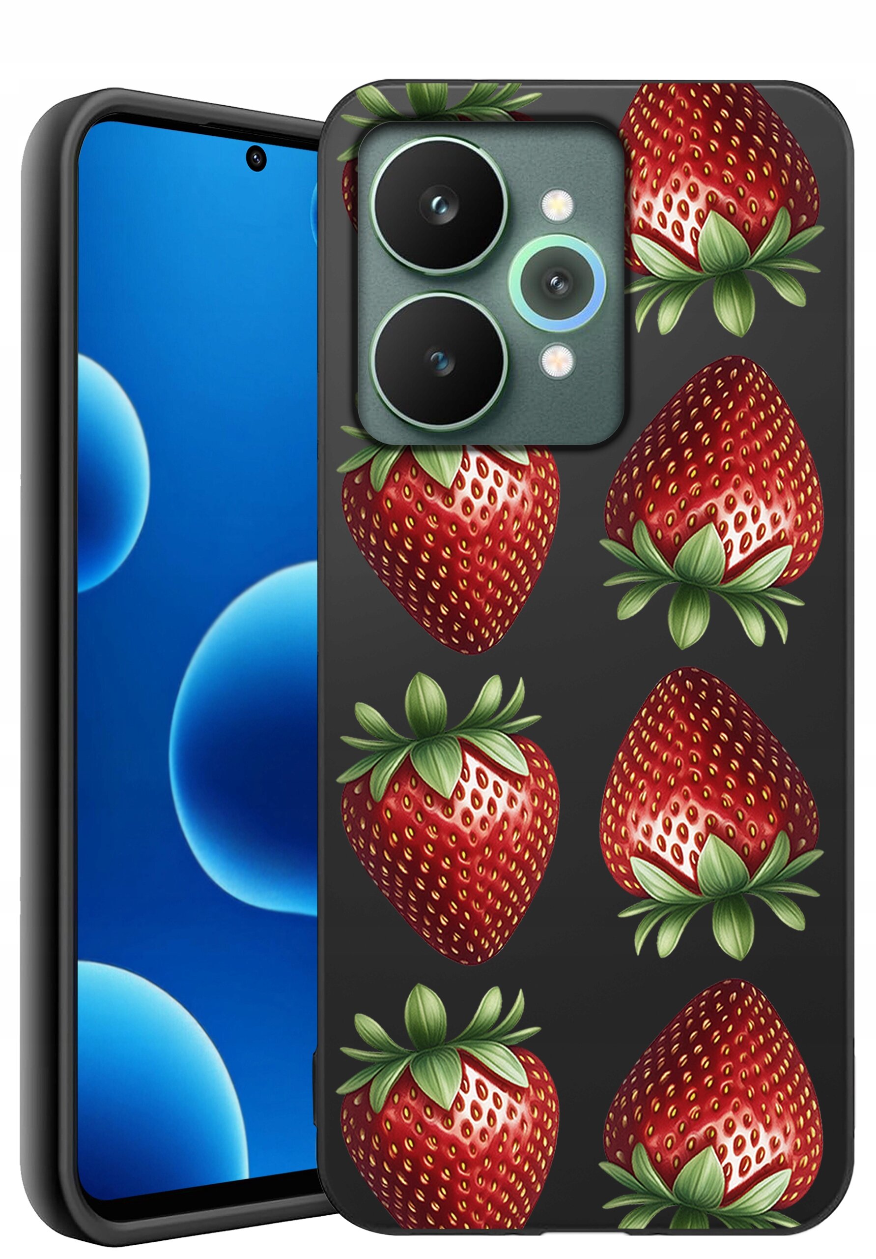 Etui na telefon z wzorem truskawek na czarnym tle, obok widoczny ekran telefonu z niebieskimi okręgami.