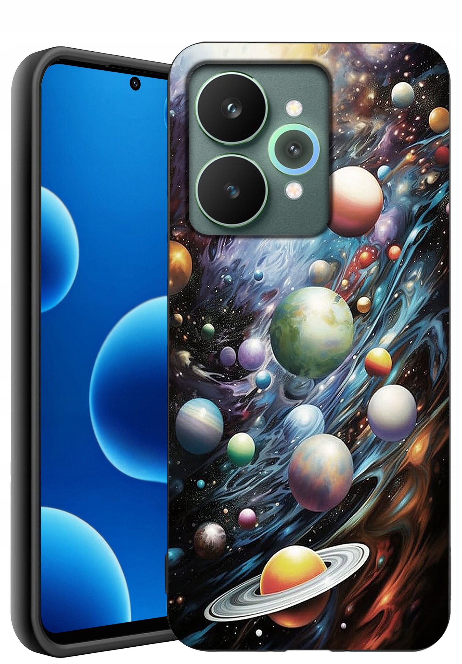 Etui na telefon z kolorowym wzorem przedstawiającym planety i kosmos. Obok widoczny jest telefon z niebieskim ekranem i przednią kamerą w górnej części.