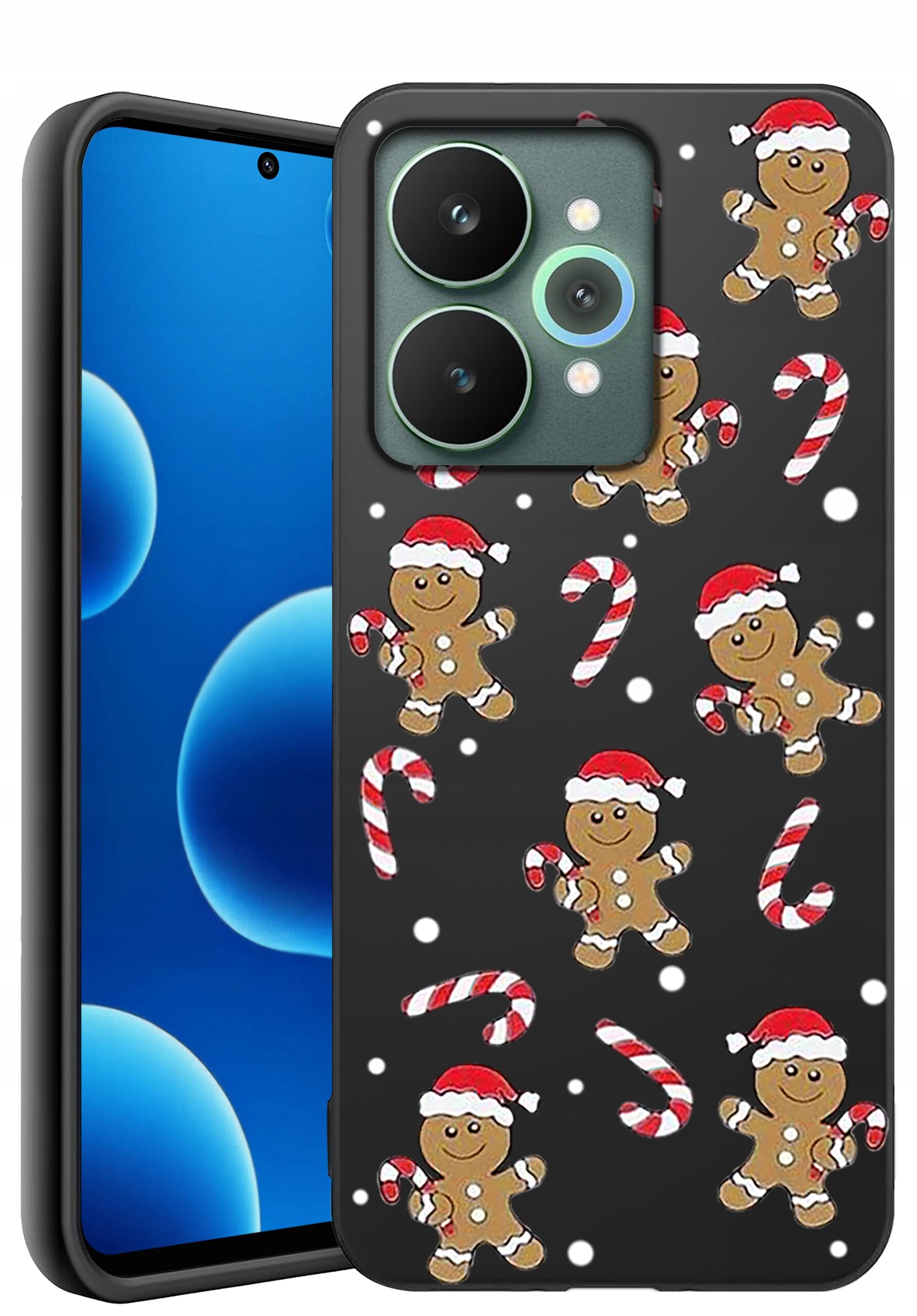 Etui na telefon z czarnym tłem, ozdobione wzorem piernikowych ludzików w czerwonych czapkach i cukrowych lasek. Obok widoczny jest telefon z niebieskim ekranem.