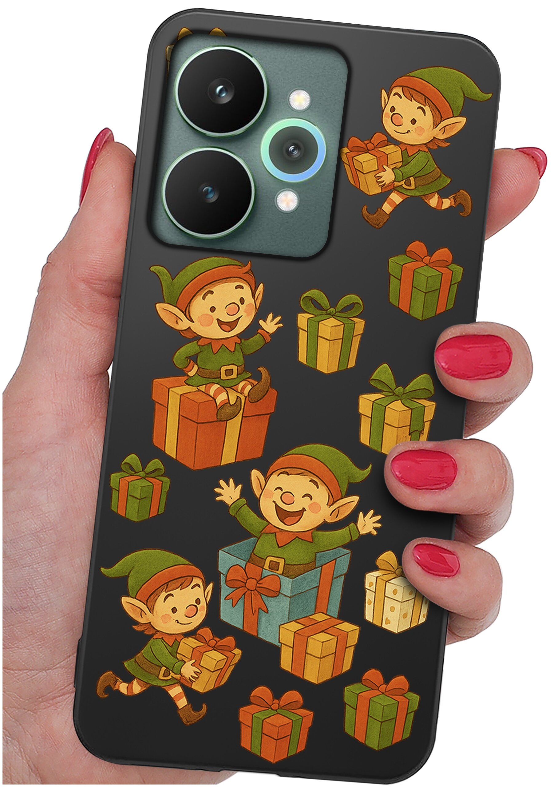 Etui na telefon z motywem elfów i prezentów, trzymane w dłoni z pomalowanymi na czerwono paznokciami. Etui ma wycięcia na trzy obiektywy aparatu.