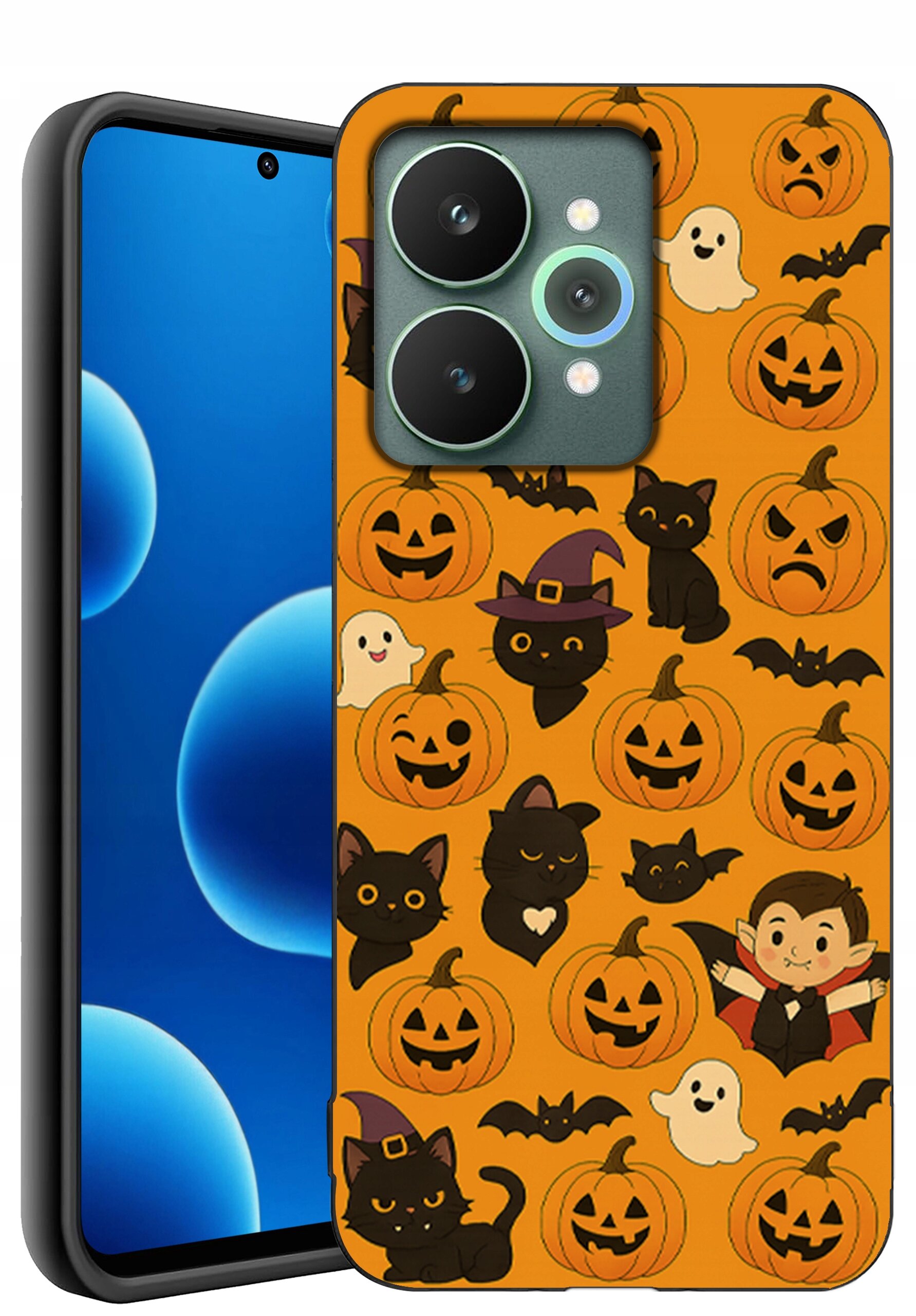 Etui na telefon z motywem Halloween, przedstawiające dynie, czarne koty, duchy i nietoperze na pomarańczowym tle. Telefon obok etui ma wyświetlacz z niebieskimi okręgami.