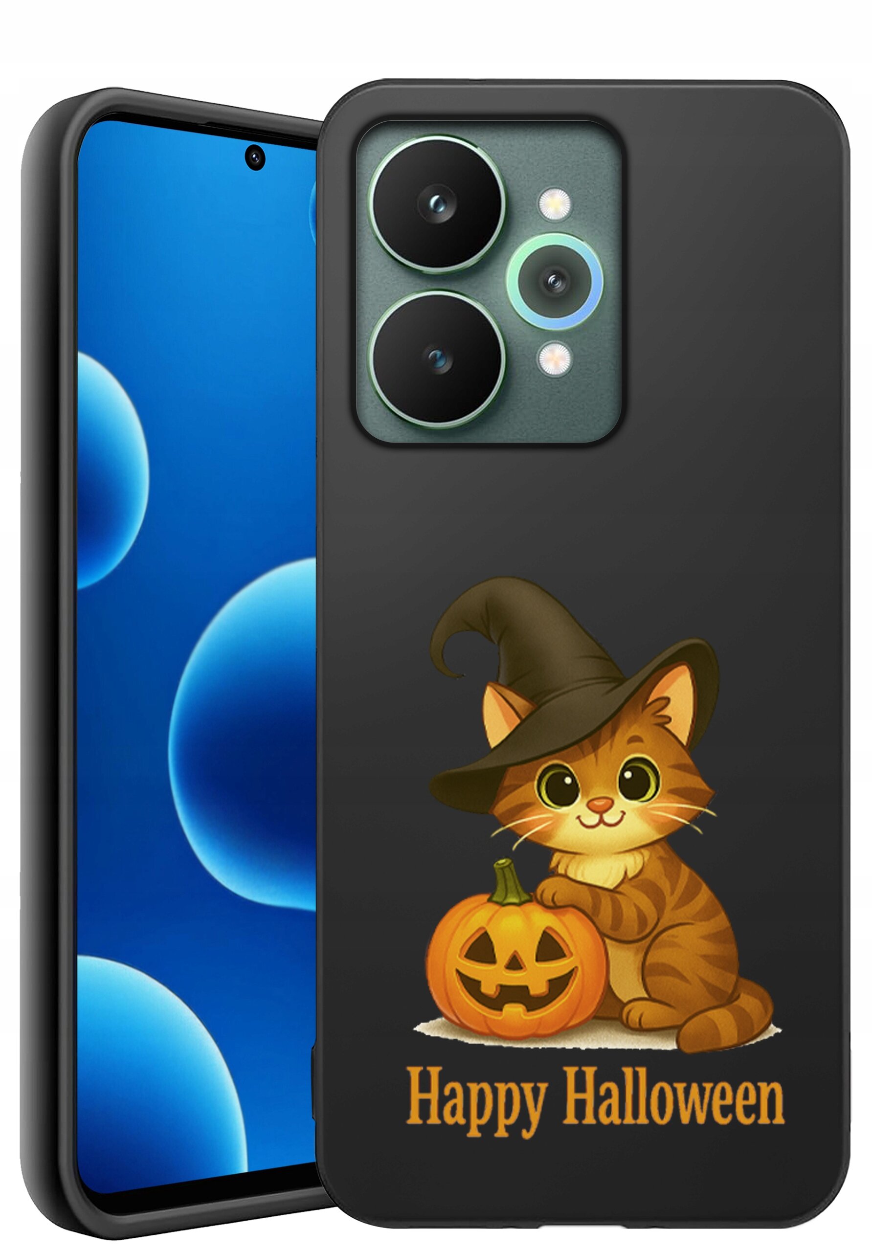 Etui na telefon z grafiką kota w kapeluszu czarownicy obok dyni z wyciętym uśmiechem. Na dole widnieje napis \'Happy Halloween\'.