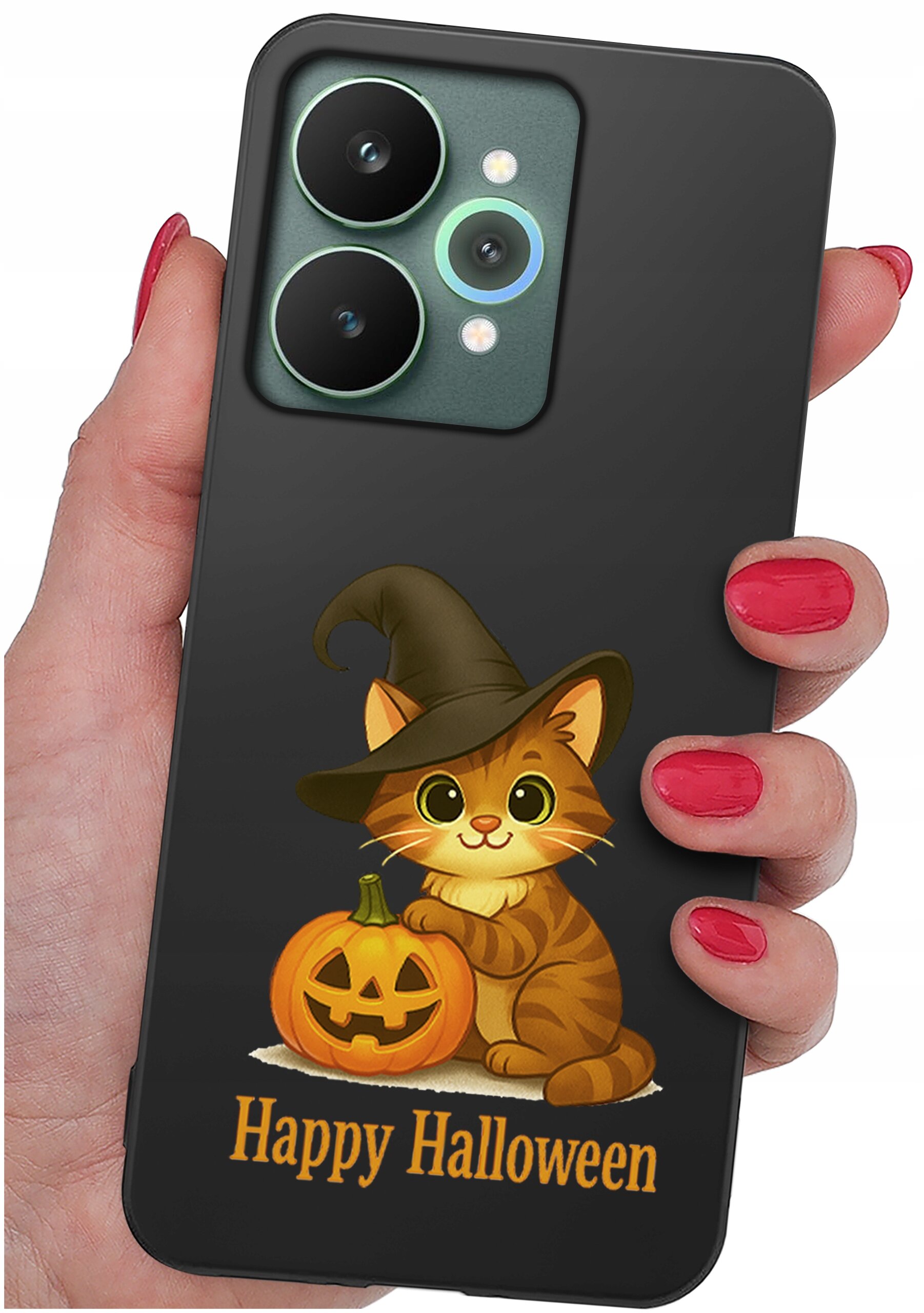 Etui na telefon z grafiką kota w kapeluszu czarownicy obok dyni oraz napisem \'Happy Halloween\'.
