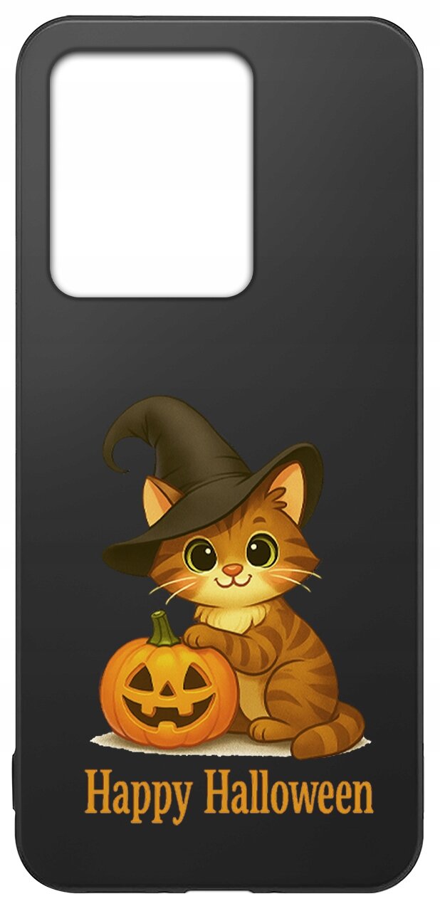 Czarne etui z grafiką kota w kapeluszu czarownicy, trzymającego dynię z wyciętym uśmiechem. Na dole widnieje napis \'Happy Halloween\'.