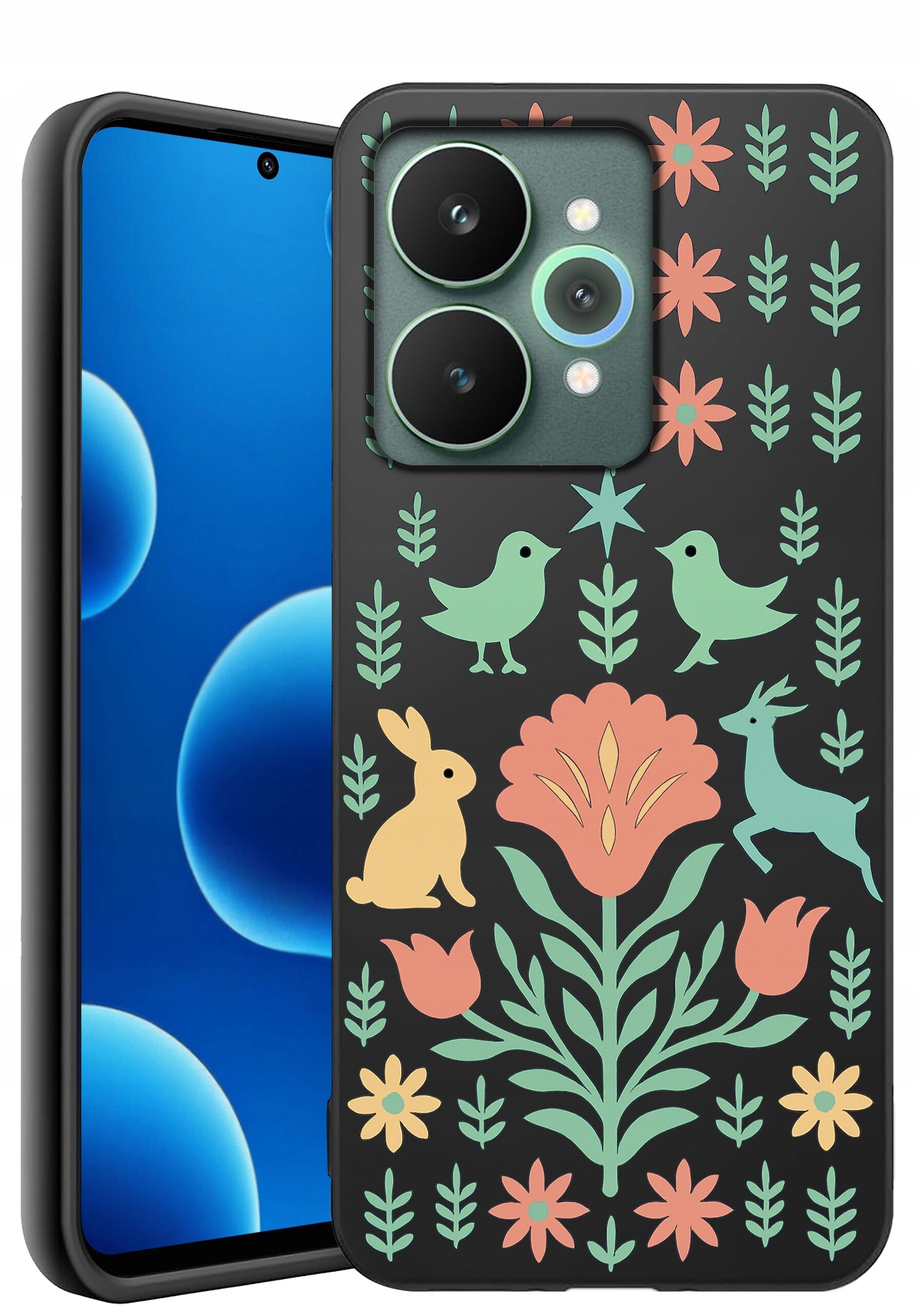 Etui na telefon z kolorowym wzorem przedstawiającym kwiaty, ptaki, królika i jelenia na czarnym tle. Obok widoczny jest ekran telefonu z niebieskim motywem graficznym.
