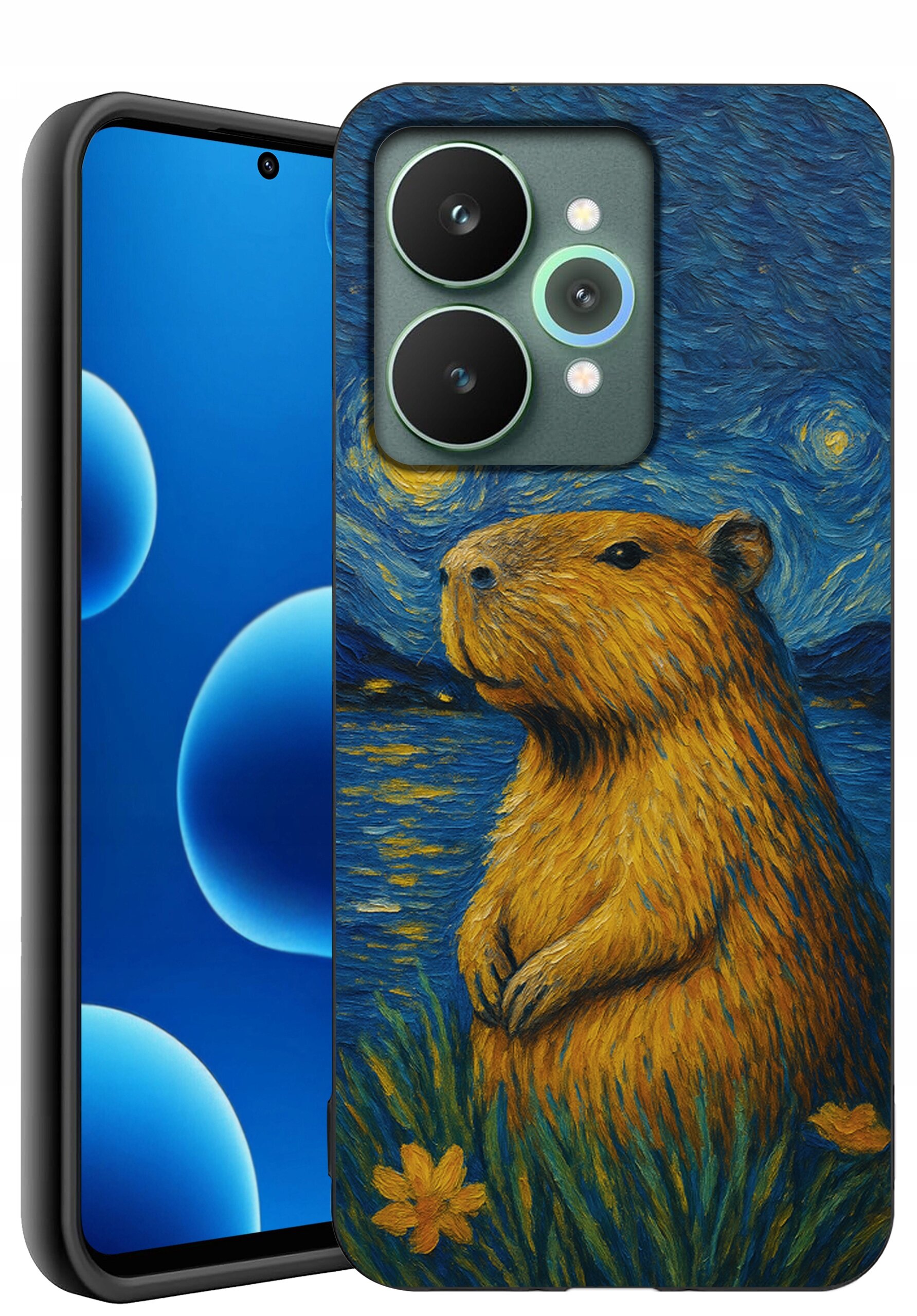 Etui na telefon z nadrukiem kapibary na tle nocnego nieba w stylu malarskim, przypominającym dzieła Van Gogha. Telefon obok etui ma wyświetlacz z niebieskimi kulistymi kształtami.