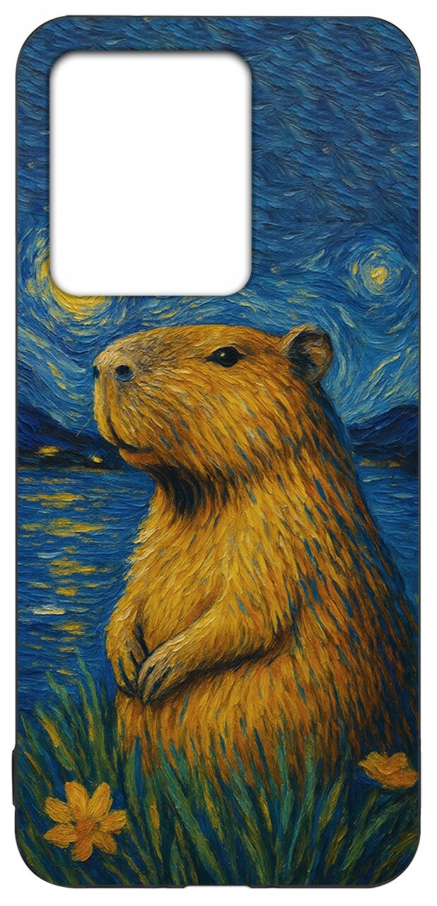 Etui na telefon z nadrukiem przedstawiającym kapibarę na tle nocnego nieba w stylu malarstwa Vincenta van Gogha. W dolnej części widoczne są żółte kwiaty.