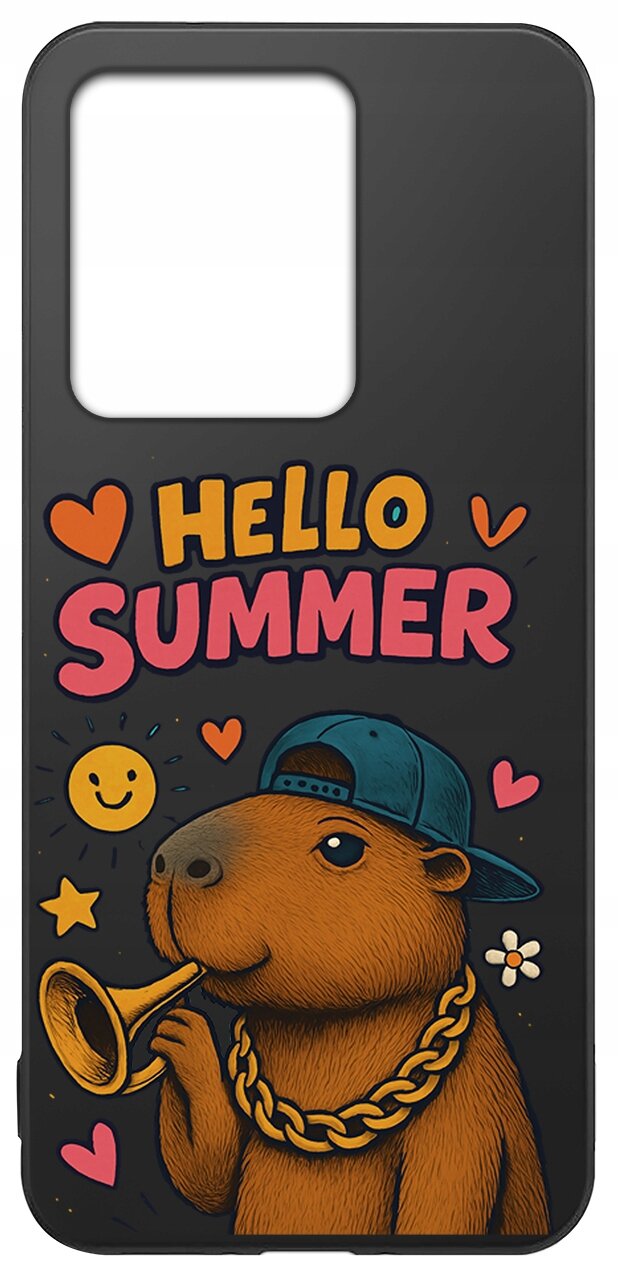 Etui na telefon z grafiką przedstawiającą zwierzę w czapce z łańcuchem na szyi, trzymające trąbkę. Na etui widnieje napis \'HELLO SUMMER\' oraz różne kolorowe symbole, takie jak serca i uśmiechnięta buźka.
