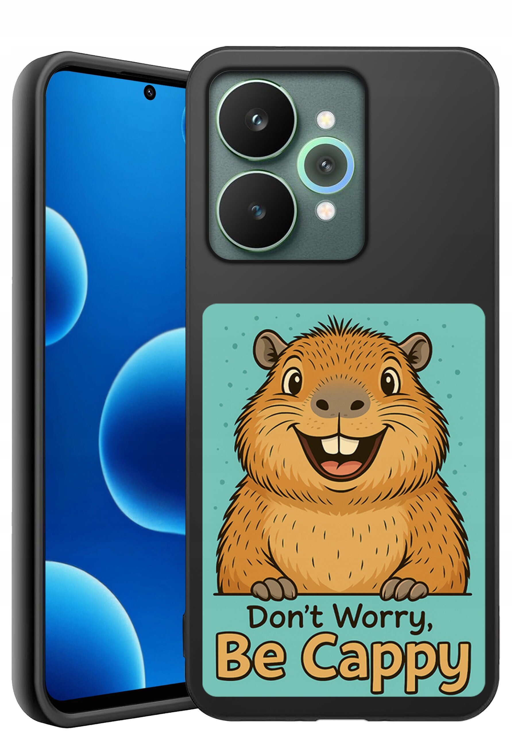 Etui na telefon z grafiką uśmiechniętej kapibary i napisem \'Don\'t Worry, Be Cappy\'.