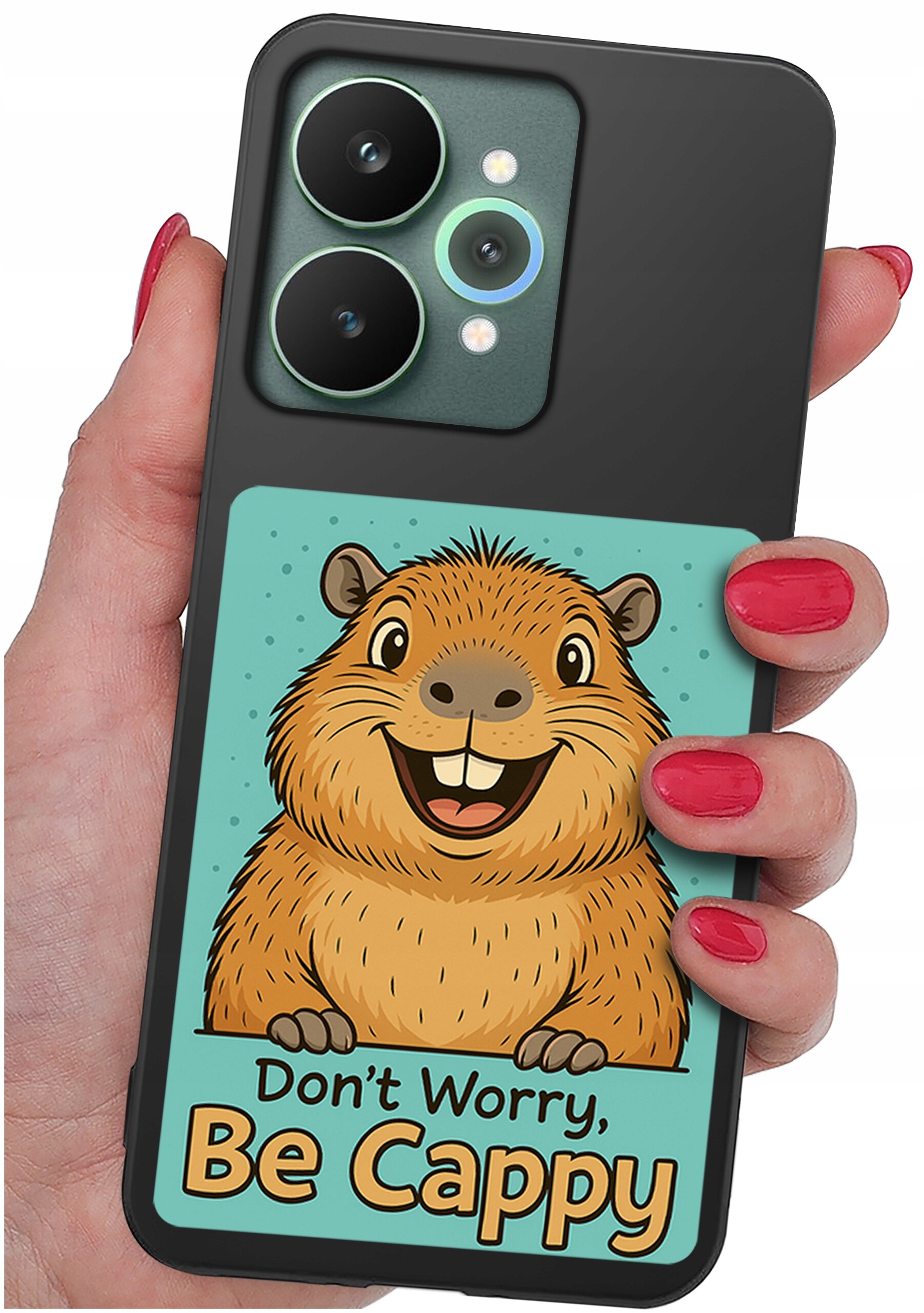 Etui na telefon z grafiką uśmiechniętej kapibary i napisem \'Don\'t Worry, Be Cappy\'.