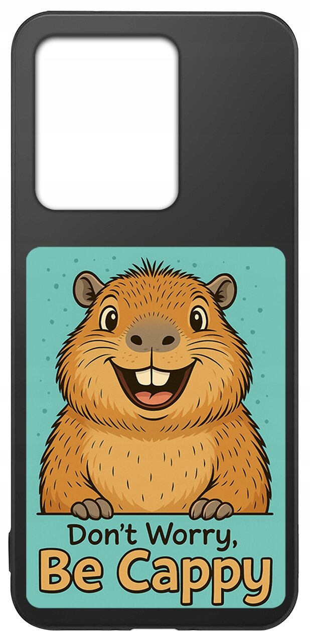Etui na telefon z grafiką uśmiechniętego zwierzęcia na niebieskim tle i napisem \'Don\'t Worry, Be Cappy\'.