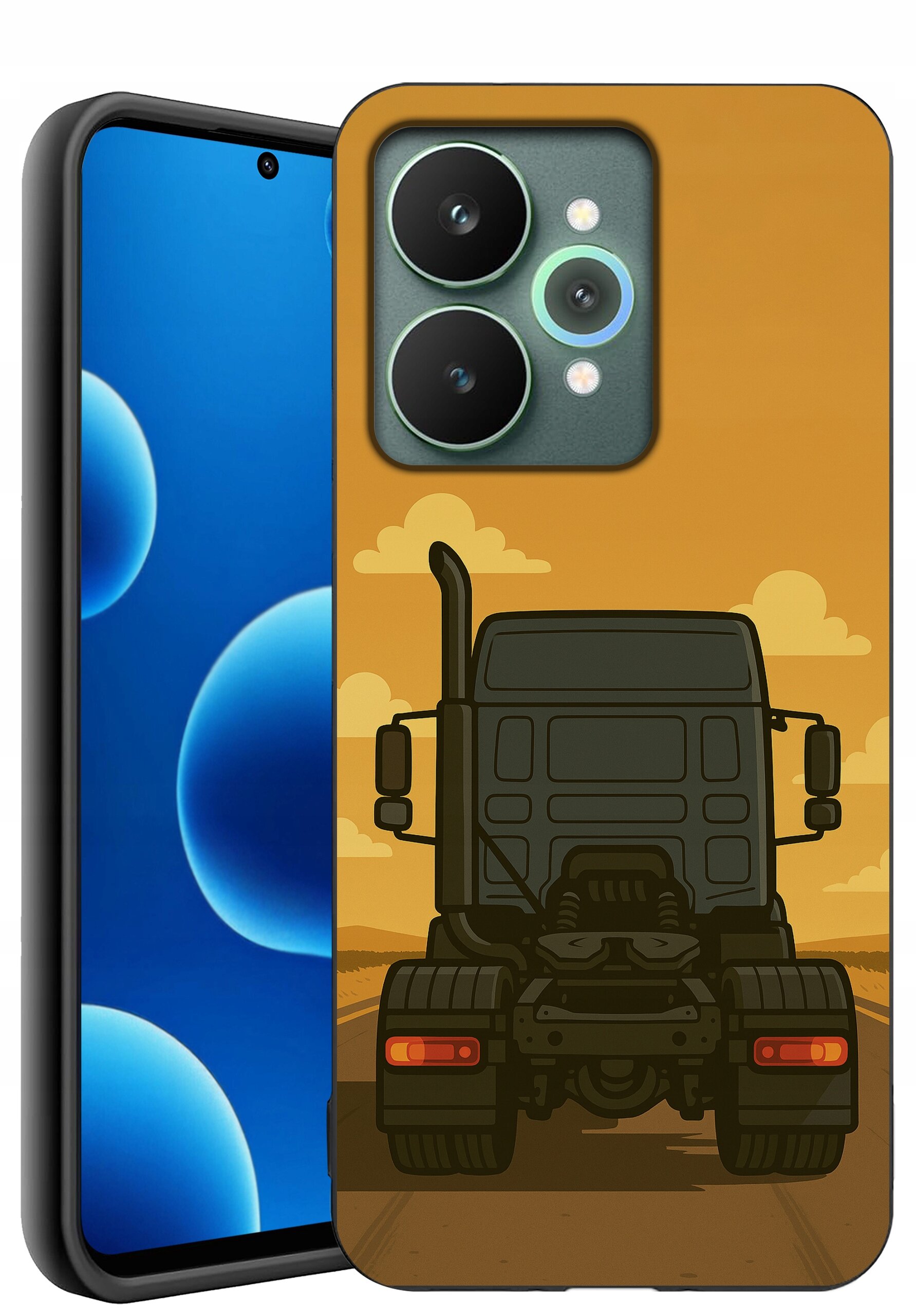 Etui na telefon z grafiką przedstawiającą tył ciężarówki na tle pomarańczowego nieba z chmurami. Obok widoczny jest ekran telefonu z niebieskim motywem graficznym.