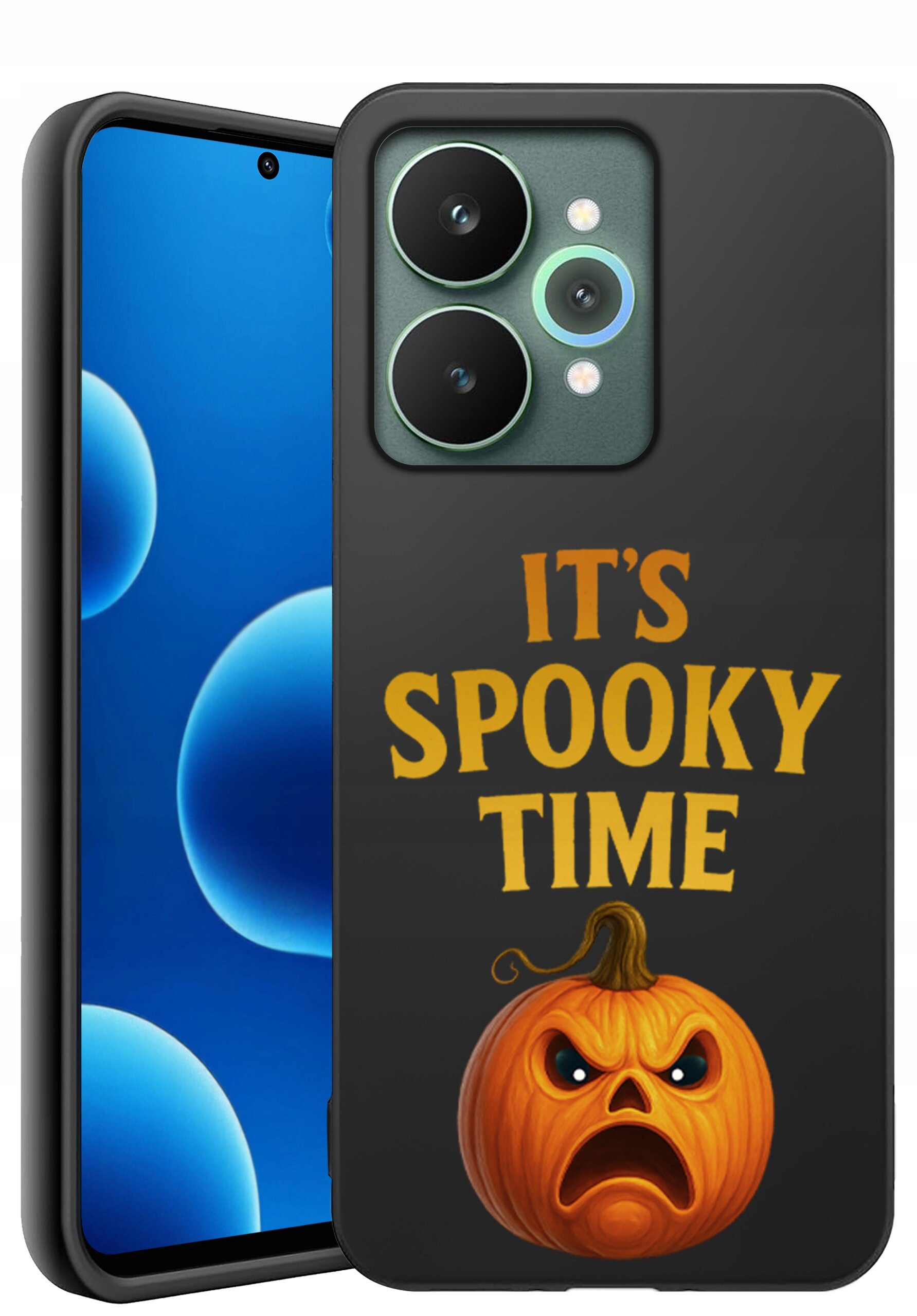 Czarne etui na telefon z napisem \'IT\'S SPOOKY TIME\' oraz grafiką dyni z wyrazem twarzy wyrażającym złość. W tle widoczny jest ekran telefonu z niebieskim motywem bąbelków.