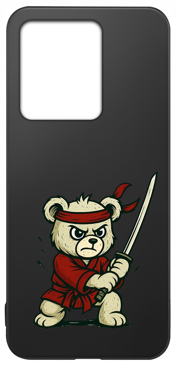 Czarne etui z nadrukiem misia w czerwonym stroju i opasce, trzymającego miecz.
