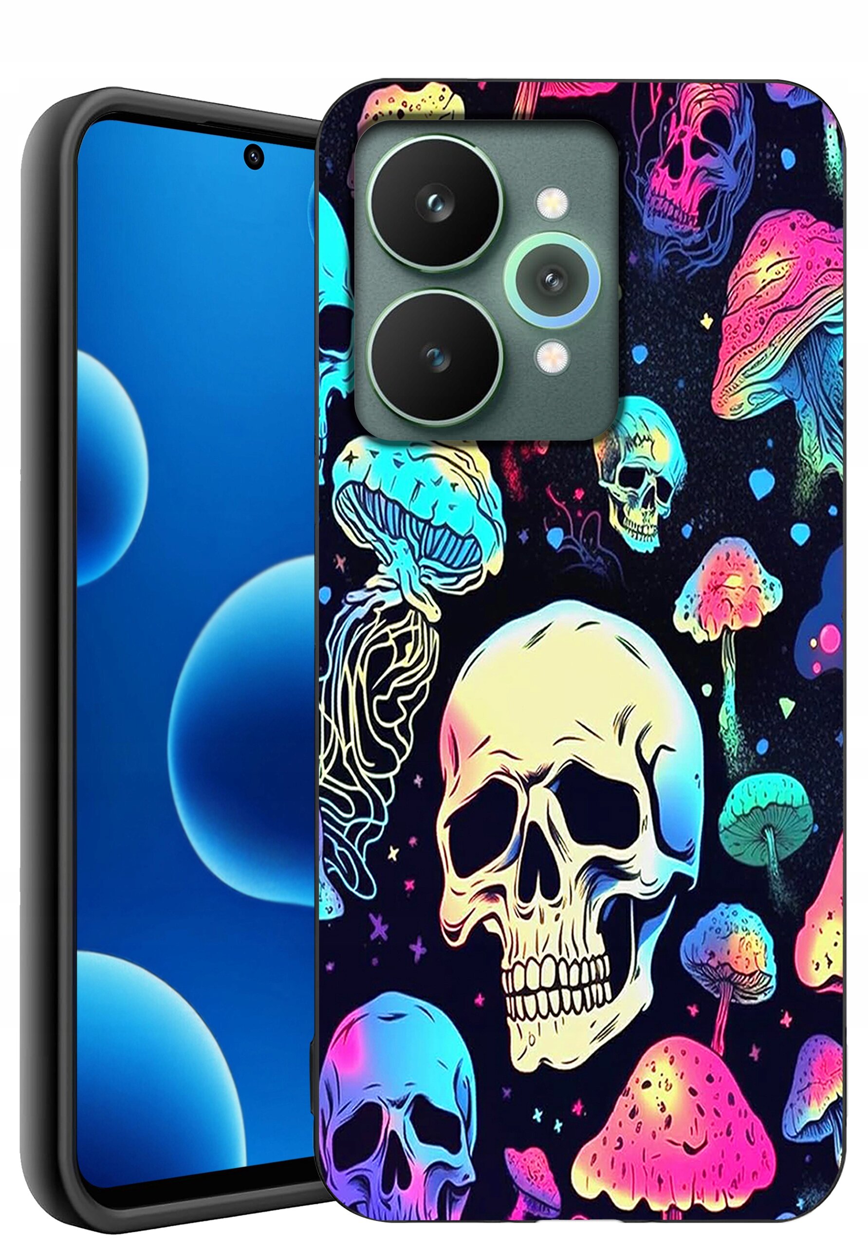Etui na telefon z kolorowym wzorem czaszek i grzybów na ciemnym tle. Obok widoczny jest telefon z niebieskim ekranem.