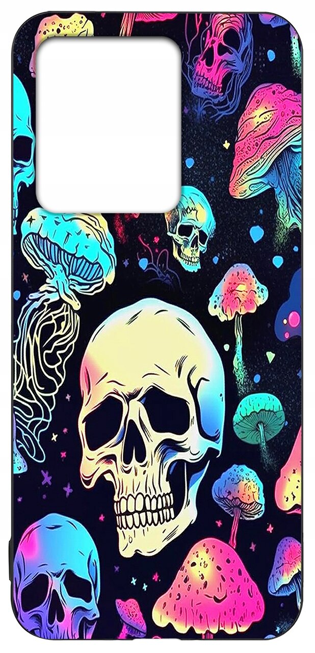 Etui na telefon z kolorowym wzorem czaszek i grzybów na ciemnym tle. Wzór jest intensywnie kolorowy, z elementami w odcieniach różu, niebieskiego i zielonego.