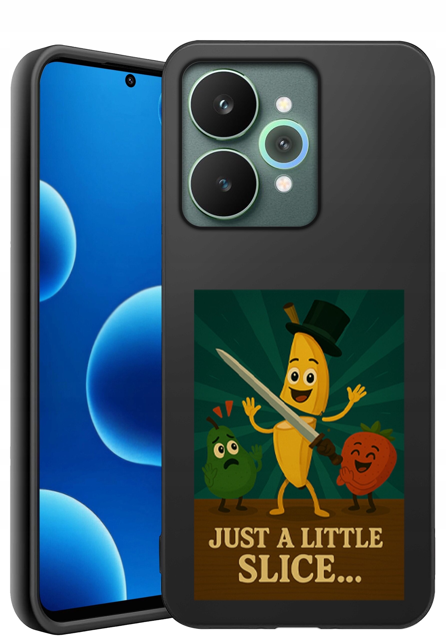 Etui na telefon z grafiką przedstawiającą uśmiechnięte owoce i warzywa, w tym banana w cylindrze trzymającego miecz. Na dole widnieje napis \'JUST A LITTLE SLICE...\'.