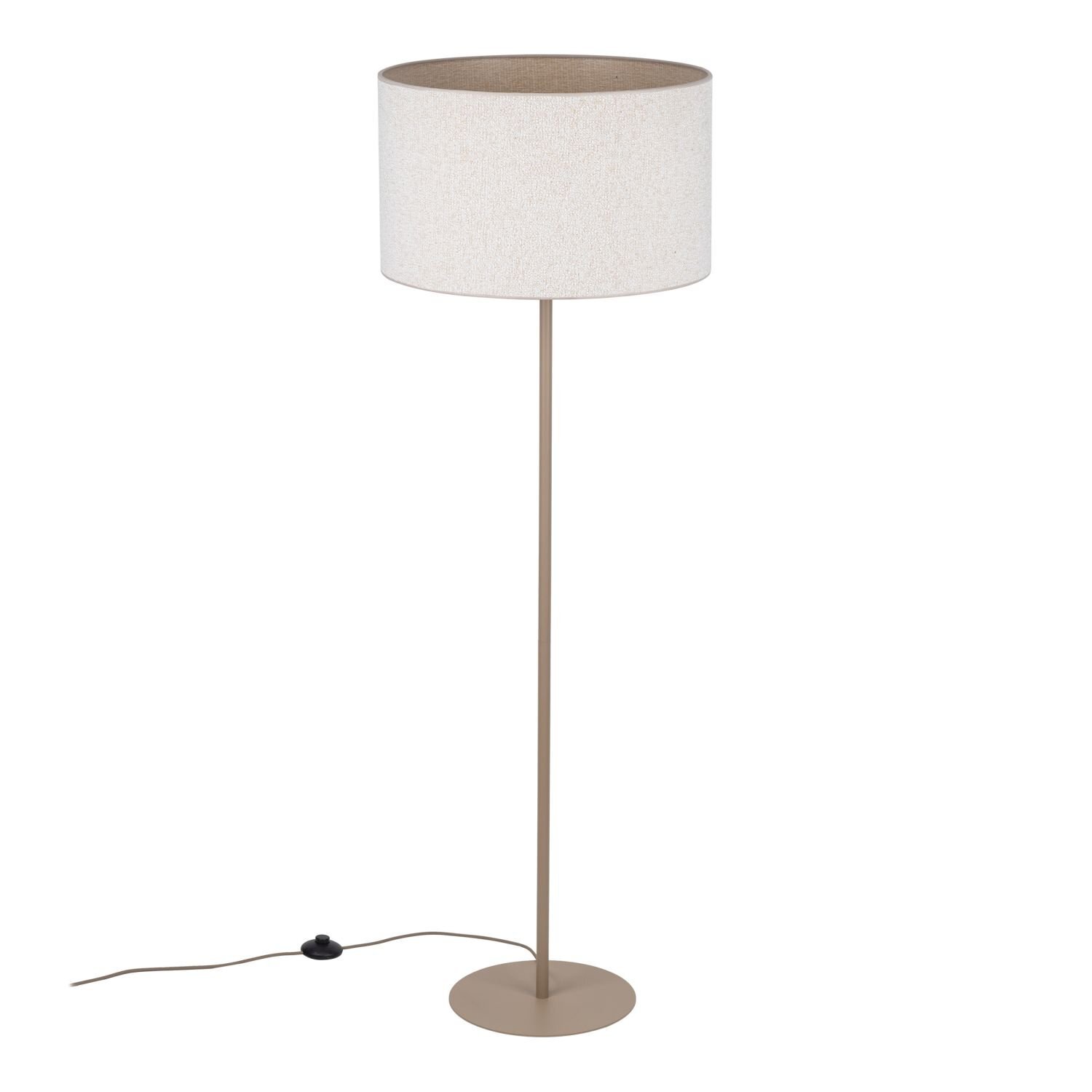 Beżowa lampa podłogowa z tkaninowym kloszem na smukłej podstawie, z widocznym przewodem z włącznikiem.