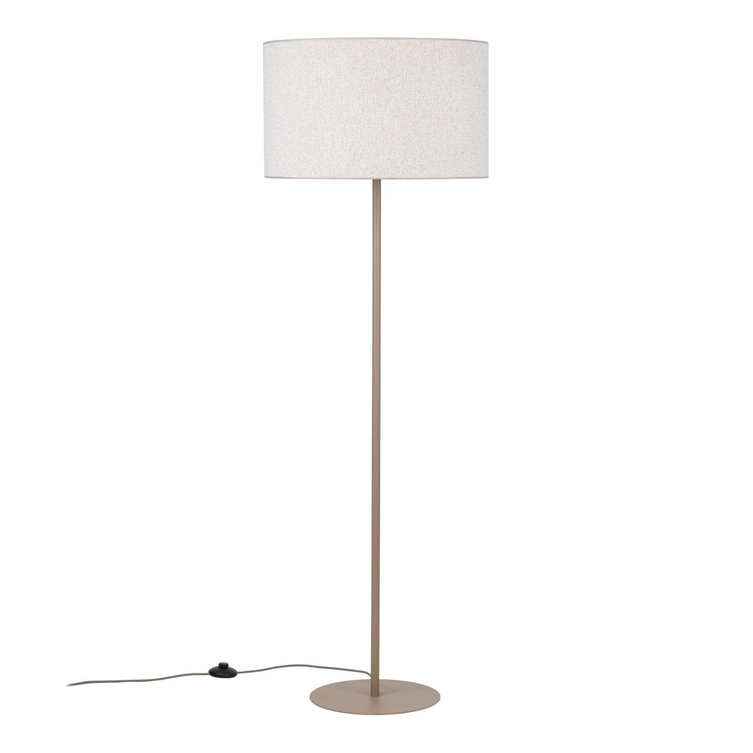 Lampa podłogowa z beżowym, tkaninowym kloszem na smukłej, metalowej podstawie. Posiada przewód z włącznikiem nożnym.