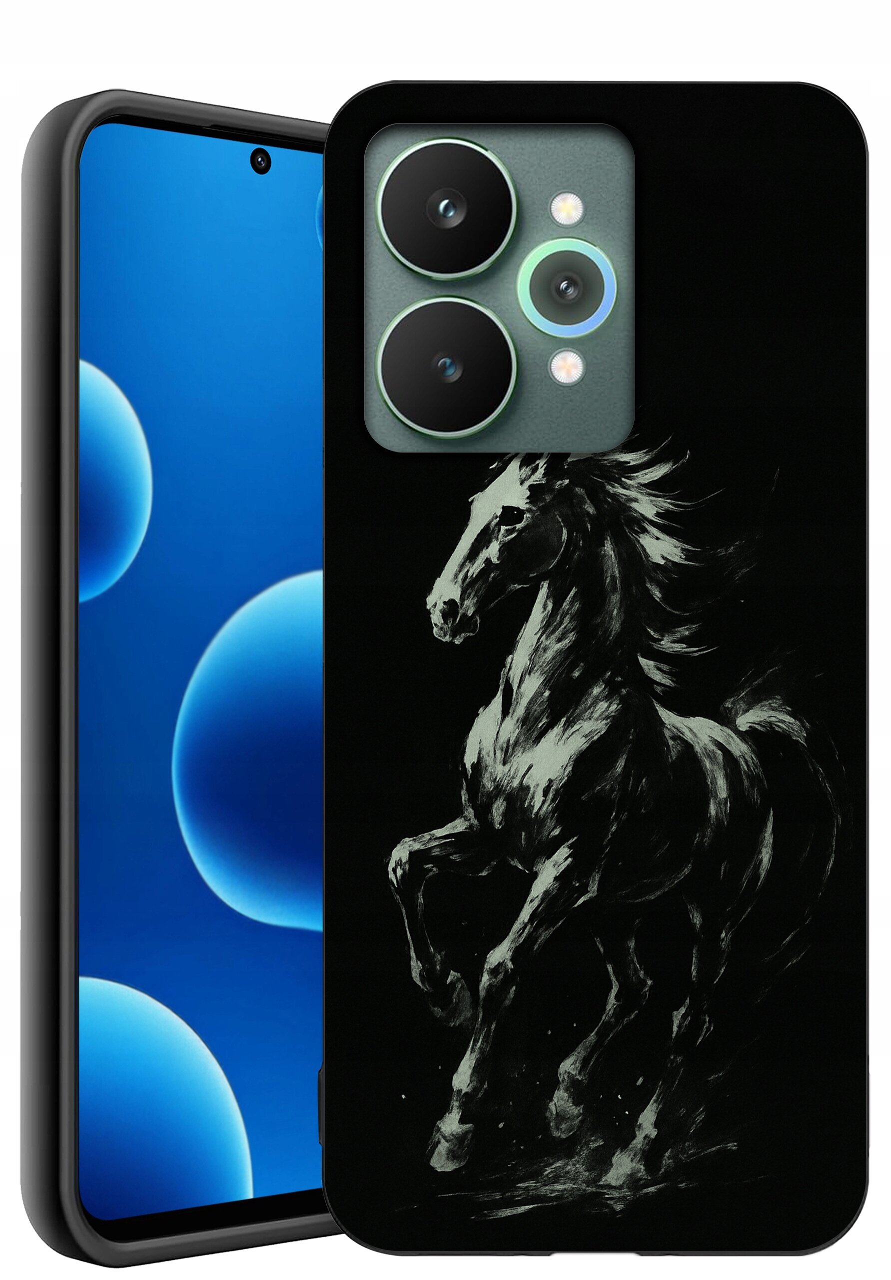 Obraz przedstawia telefon z etui, na którym widnieje grafika galopującego konia. Telefon ma ekran z niebieskim tłem i widocznymi trzema aparatami z tyłu.
