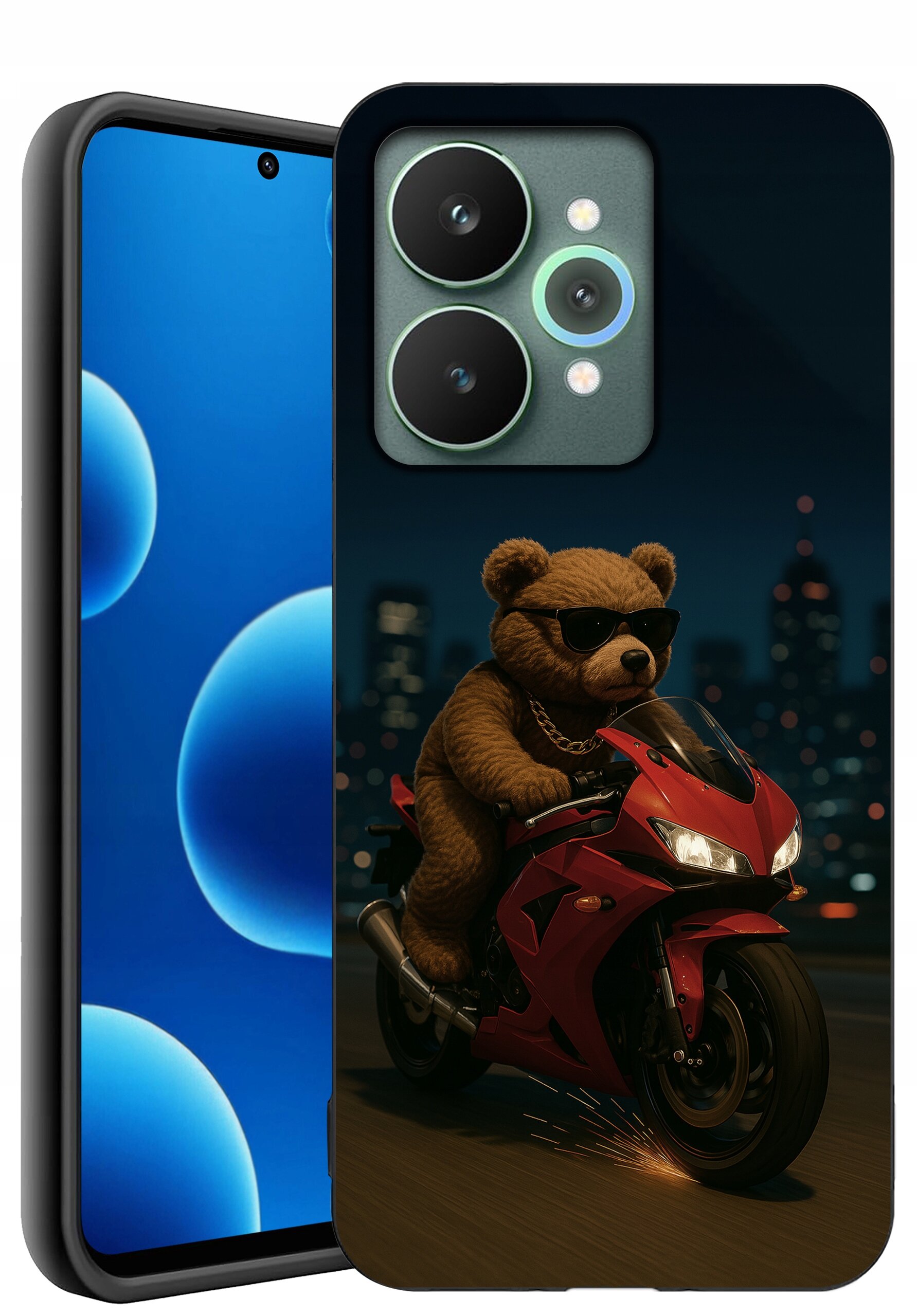 Etui na telefon z nadrukiem misia w okularach przeciwsłonecznych, jadącego na czerwonym motocyklu na tle nocnego miasta. Obok widoczny jest telefon z niebieskim ekranem i trzema aparatami.
