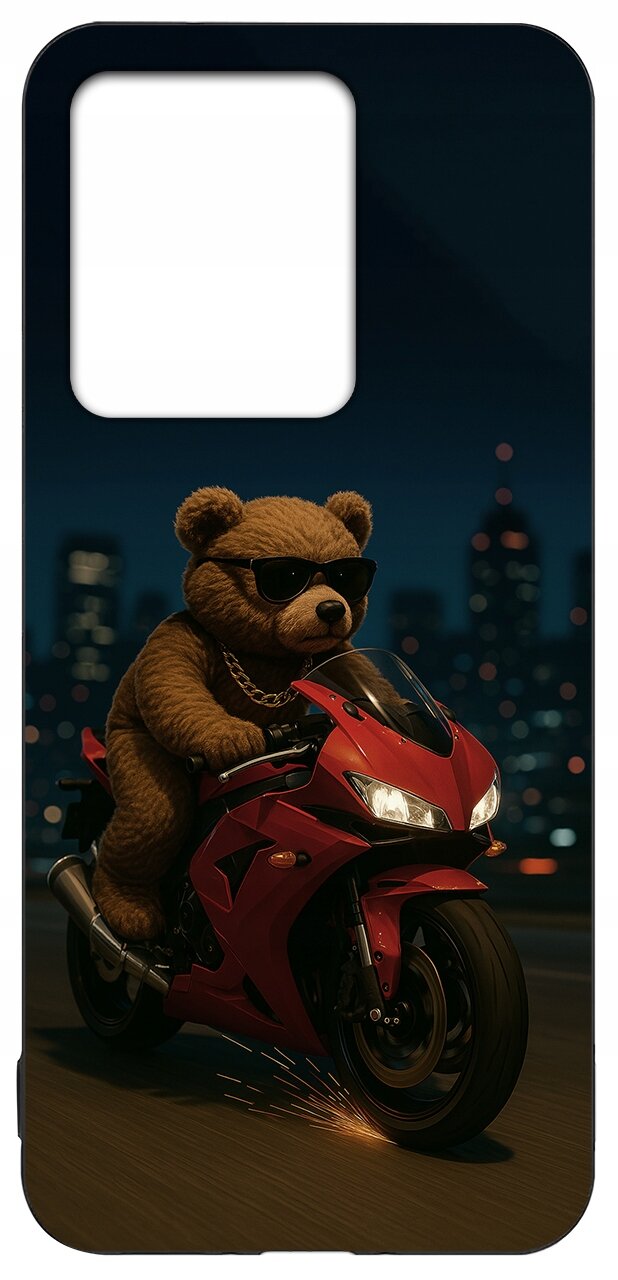 Etui przedstawia misia w okularach przeciwsłonecznych, jadącego na czerwonym motocyklu na tle nocnego miasta.
