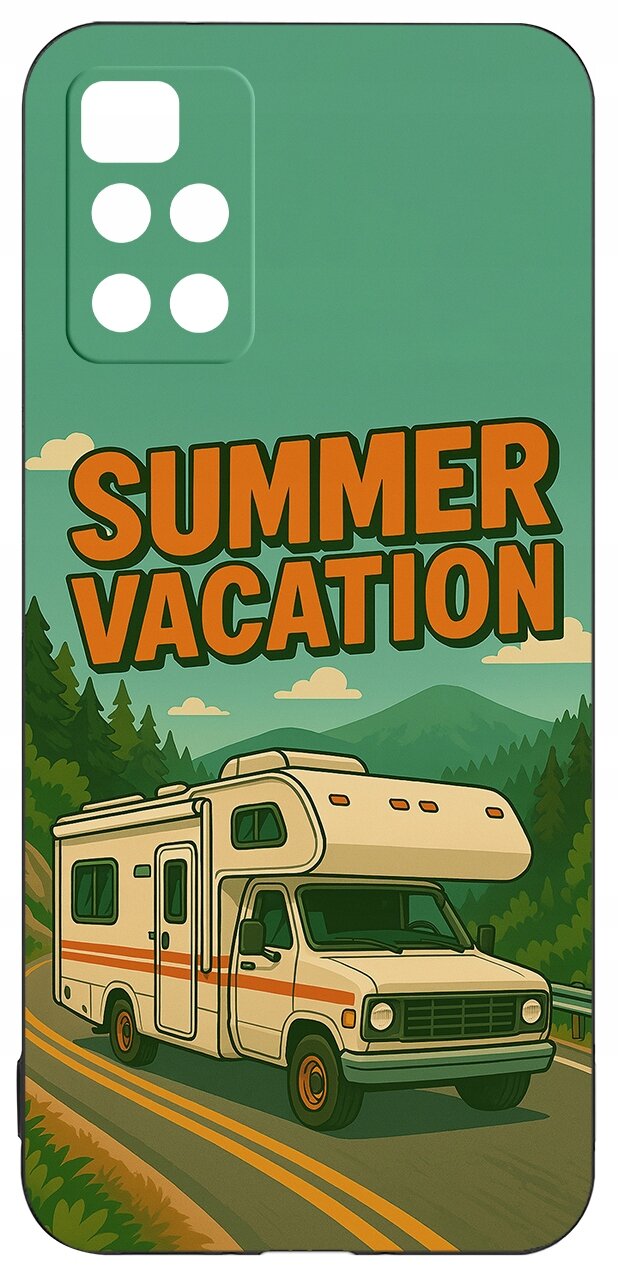 Etui na telefon z grafiką przedstawiającą kampera na drodze w otoczeniu gór i lasów oraz napisem \'SUMMER VACATION\'. Kolorystyka jest utrzymana w zielonych i pomarańczowych odcieniach.