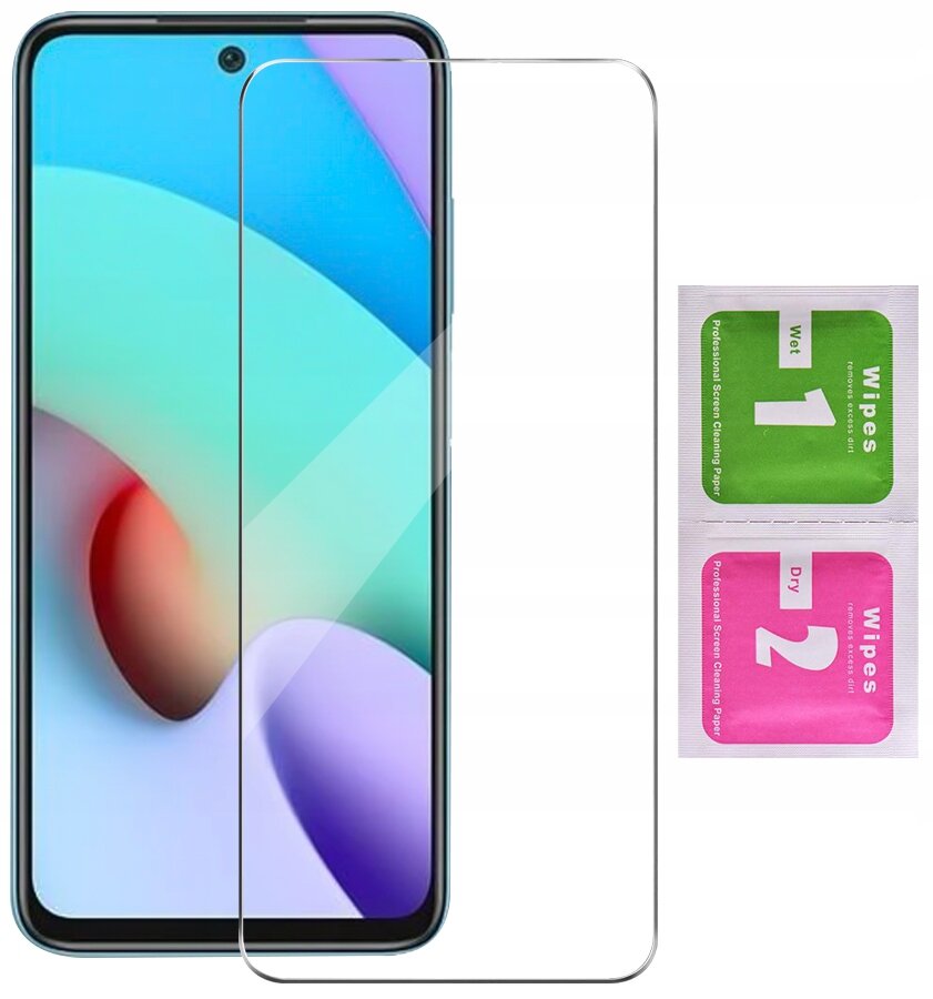 Na obrazie widoczny jest telefon z kolorowym ekranem, na którym znajduje się przezroczyste szkło ochronne. Obok telefonu znajdują się dwie saszetki z napisem \'Wipes\', oznaczone numerami \'1\' i \'2\'.