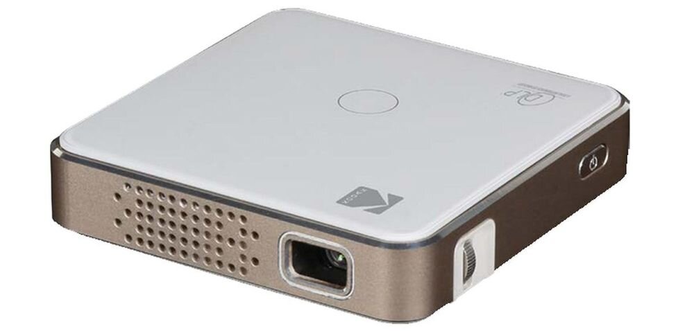 Projektor KODAK Mini Portable DLP nHD USB MicroSD HDMI Mini Jack 3,5 mm odtwarzanie MP4 JPG, projektor po skosie na białym tle