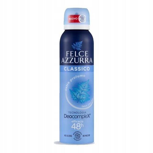 Na obrazie widoczny jest dezodorant w sprayu marki Felce Azzurra o nazwie Classico, z napisem \'Tecnologia Deocomplex efficacia 48h\'. Opakowanie jest w odcieniach niebieskiego z białymi napisami i logo producenta.