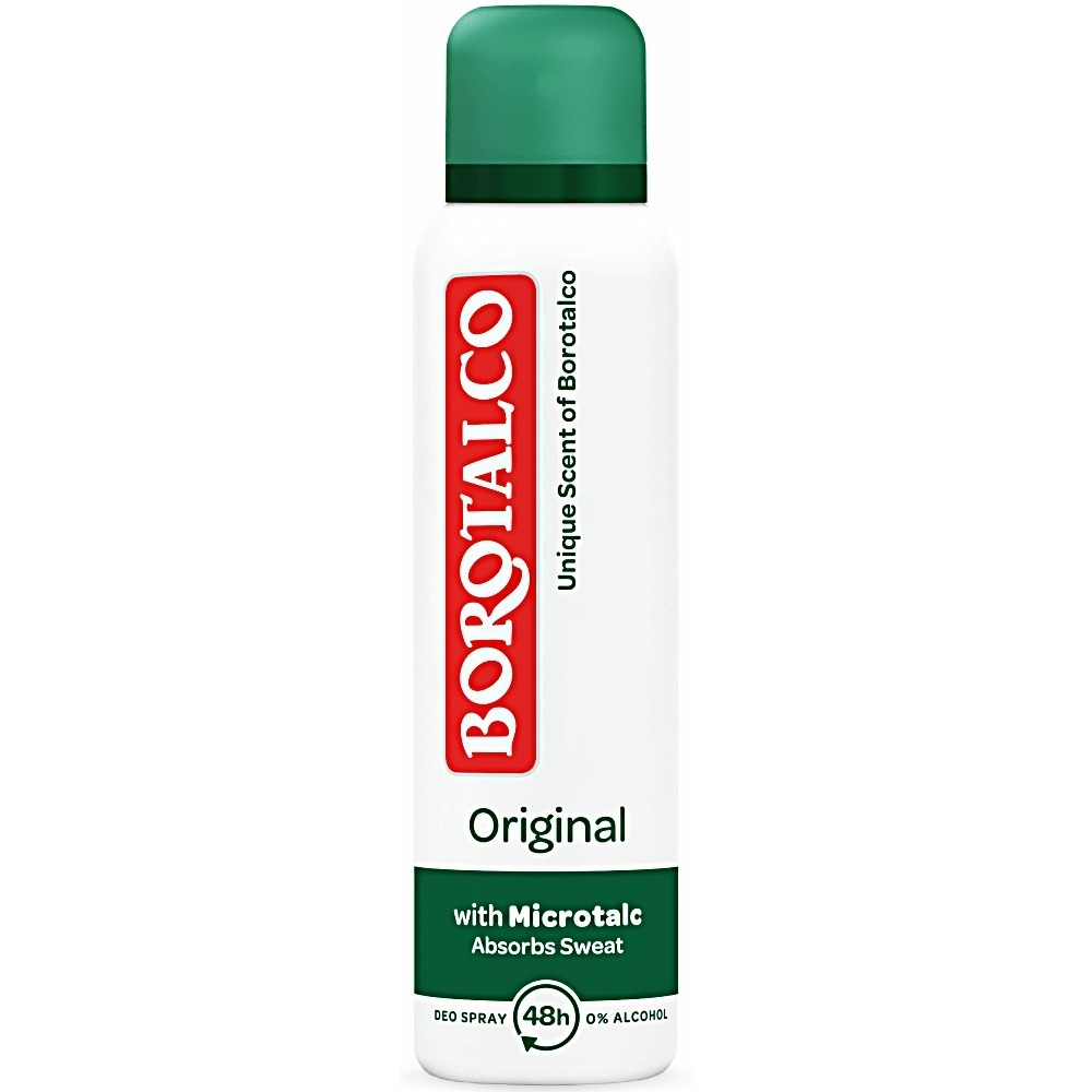 Biały dezodorant w sprayu z zieloną nakrętką, na którym widnieje czerwone logo \'BOROTALCO\'. Na etykiecie napisano: \'Unique Scent of Borotalco\', \'Original\', \'with Microtalc Absorbs Sweat\', \'DEO SPRAY 48h\', \'0% ALCOHOL\'.