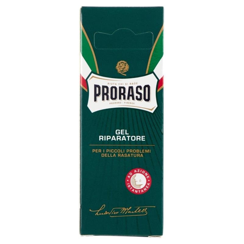 Opakowanie produktu z napisem \'PRORASO GEL RIPARATORE\' oraz \'PER I PICCOLI PROBLEMI DELLA RASATURA\'. Widoczne logo producenta i podpis \'Ludovico Martelli\'.