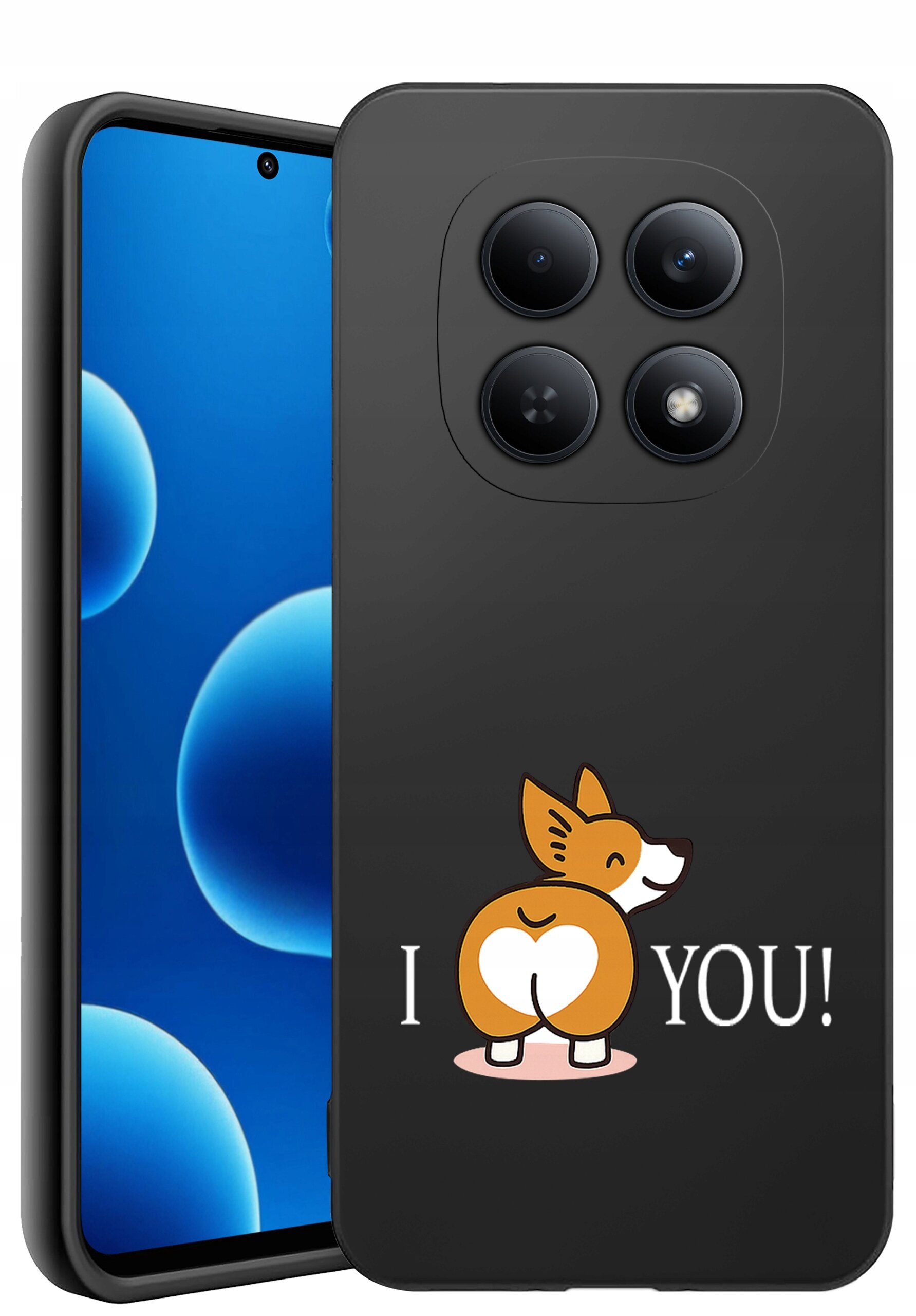 Czarne etui na telefon z nadrukiem psa i napisem \'I ❤️ YOU!\'. Etui posiada wycięcia na cztery obiektywy aparatu.