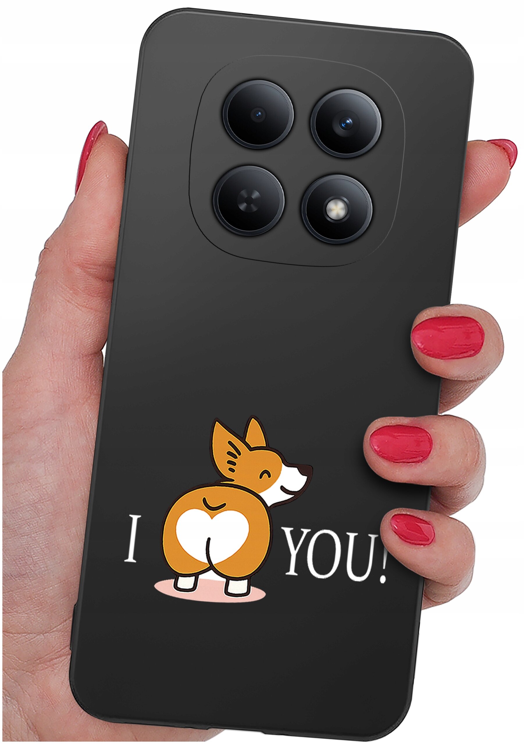 Czarna obudowa telefonu z nadrukiem psa z sercem na tylnej części ciała oraz napisem \'I ❤️ YOU!\'. Obudowa jest trzymana w dłoni z czerwonym lakierem na paznokciach.
