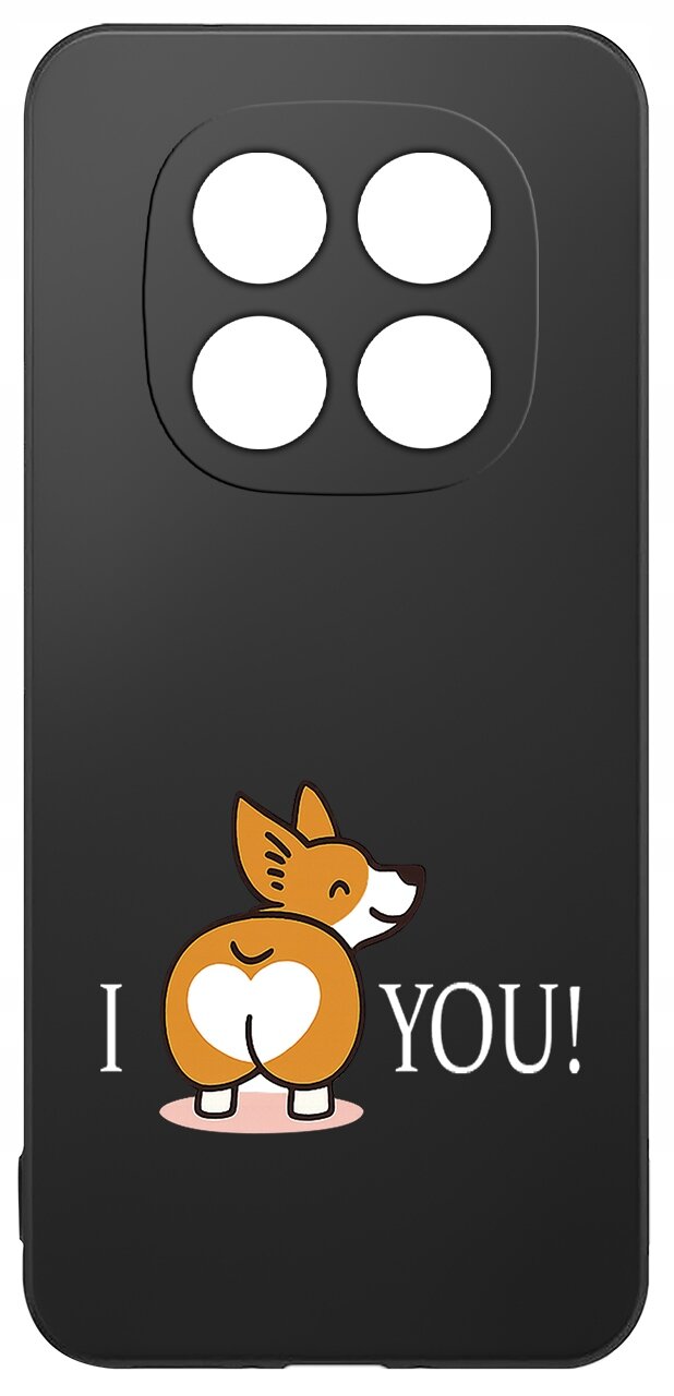 Czarne etui z czterema otworami na aparat, ozdobione grafiką psa z sercem na tylnej części ciała oraz napisem \'I YOU!\'.