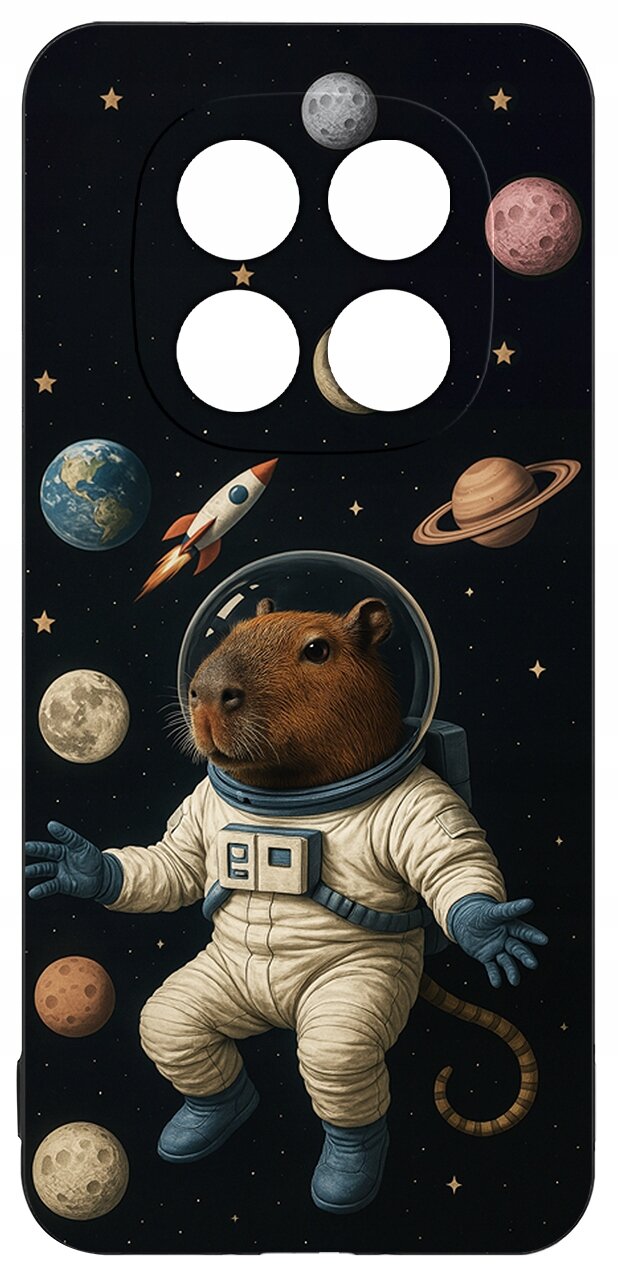 Etui na telefon z motywem kosmicznym, przedstawiające kapibarę w skafandrze astronauty otoczoną planetami i rakietą na ciemnym tle.