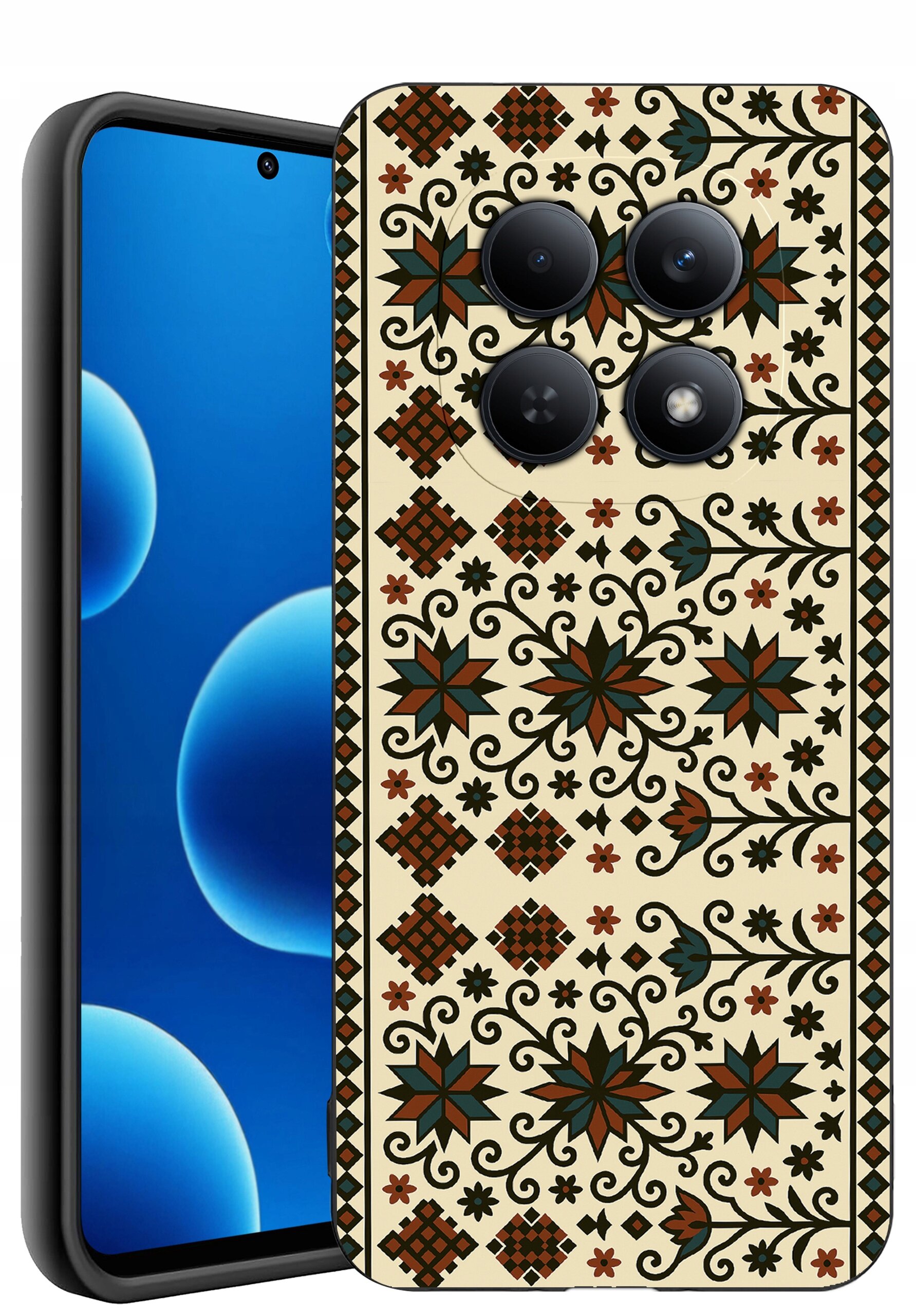 Etui na telefon z wzorem w stylu etnicznym, z motywami kwiatowymi i geometrycznymi w kolorach brązu, zieleni i czerni. Telefon ma ekran z wyświetlonymi niebieskimi kulami na czarnym tle.