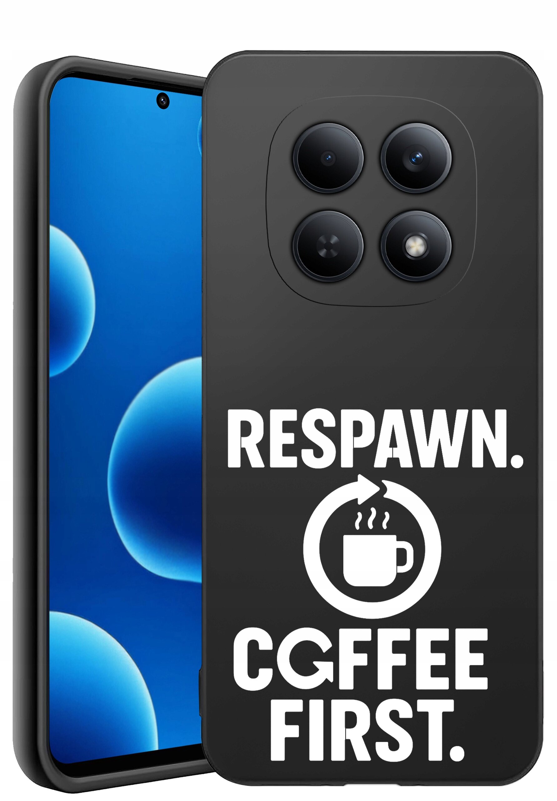 Czarne etui na telefon z napisem \'RESPAWN. COFFEE FIRST.\' oraz grafiką filiżanki z parującym napojem i strzałką wokół niej. Etui posiada wycięcia na cztery obiektywy aparatu.