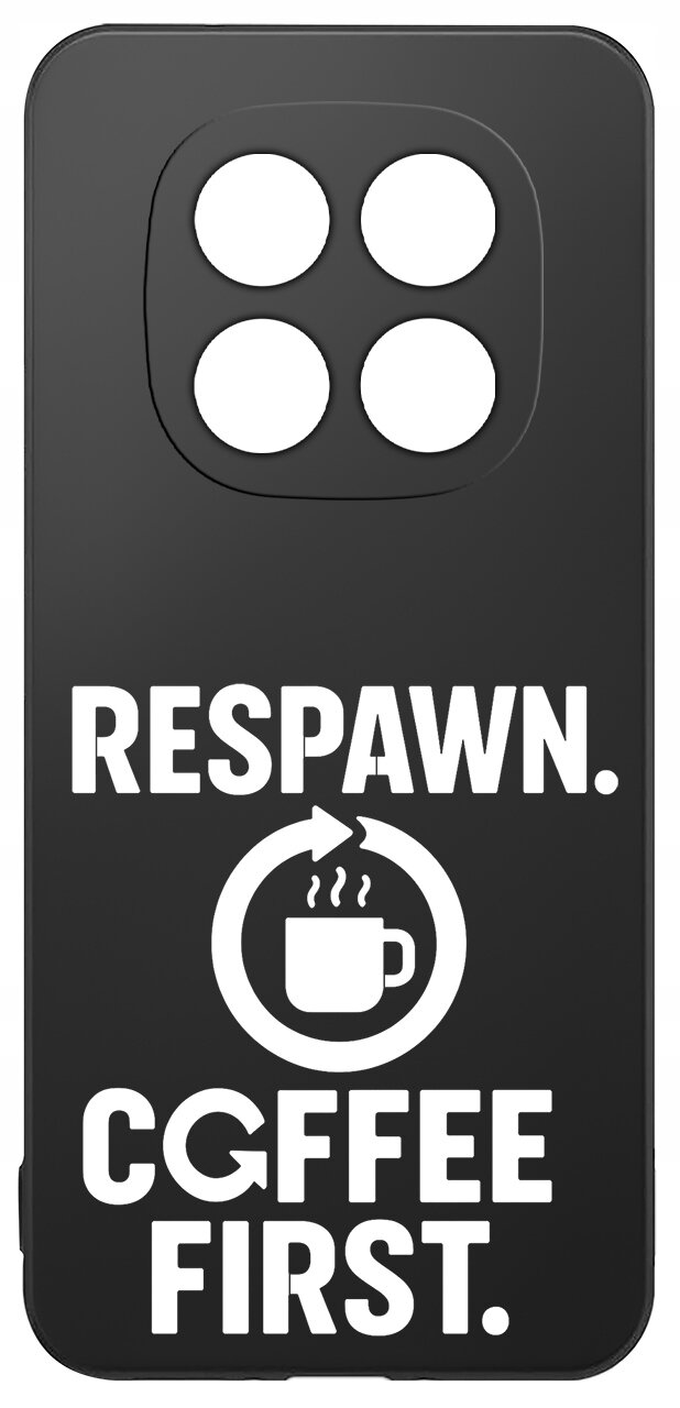Czarne etui z czterema otworami na aparat, z białym napisem \'RESPAWN. COFFEE FIRST.\' oraz symbolem filiżanki z parą i strzałką wokół niej.