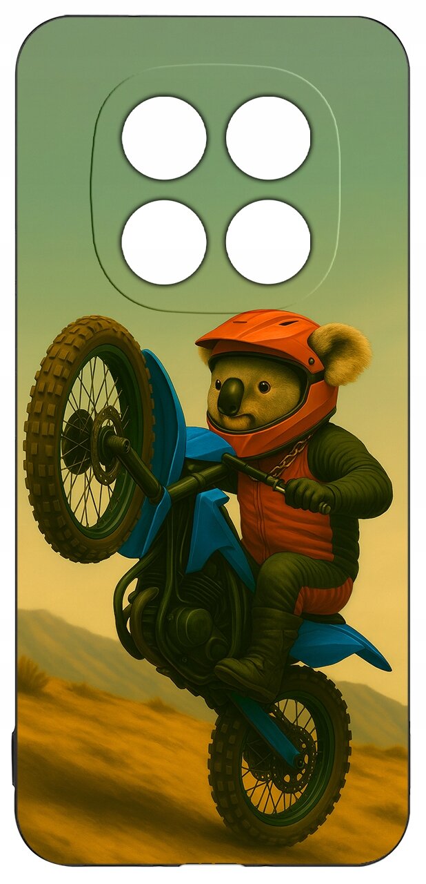 Etui z nadrukiem misia w kasku jadącego na motocyklu na tle krajobrazu. Etui ma cztery otwory na aparat.