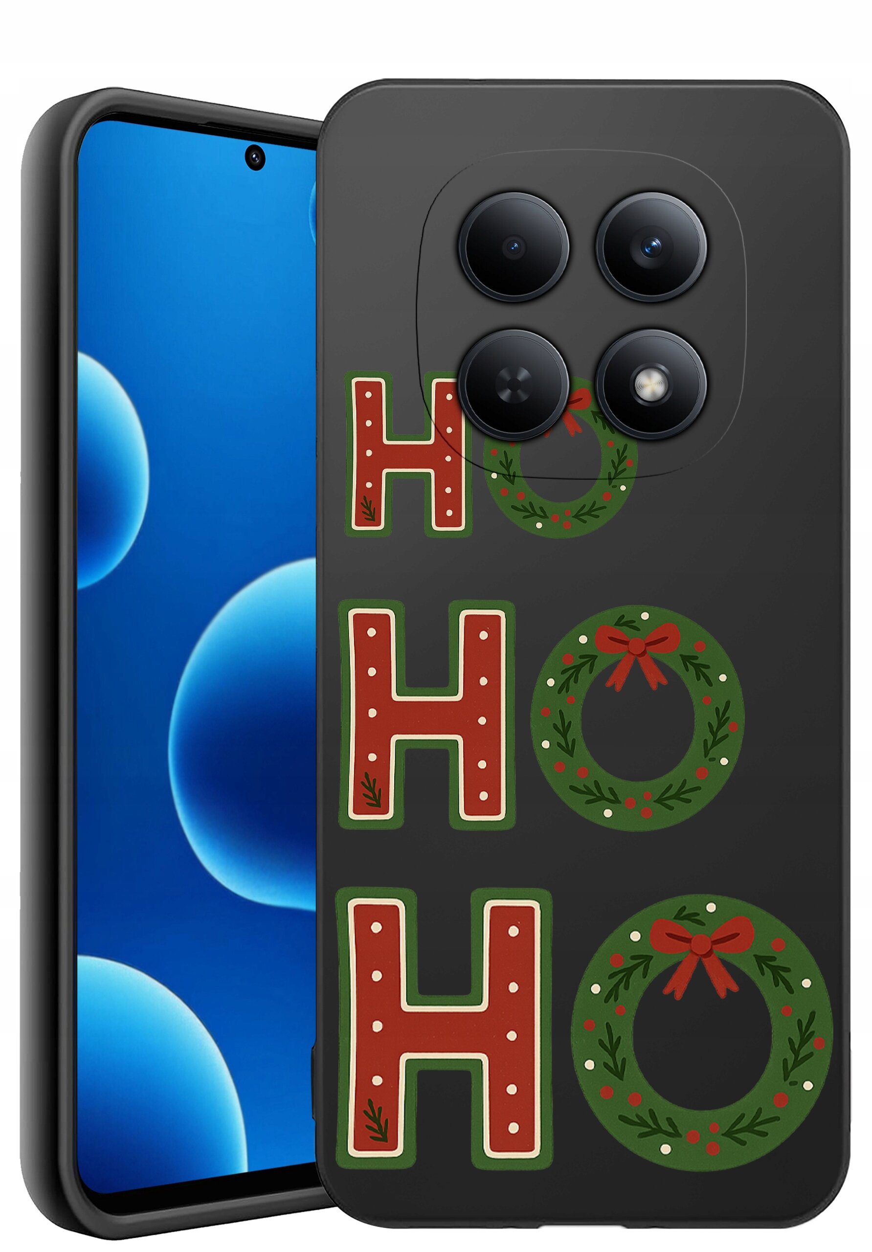 Etui na telefon z napisem \'HO HO HO\' w świątecznym stylu, z elementami przypominającymi wieńce i kokardy. Widoczny jest również telefon z ekranem wyświetlającym niebieskie bąbelki.