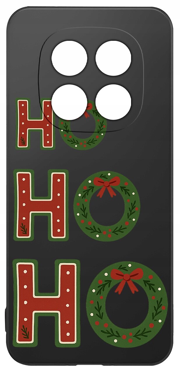 Czarne etui z napisem \'HO HO HO\', gdzie litery \'O\' są zastąpione zielonymi wieńcami z czerwonymi kokardkami i dekoracjami. Etui ma wycięcia na cztery obiektywy aparatu.