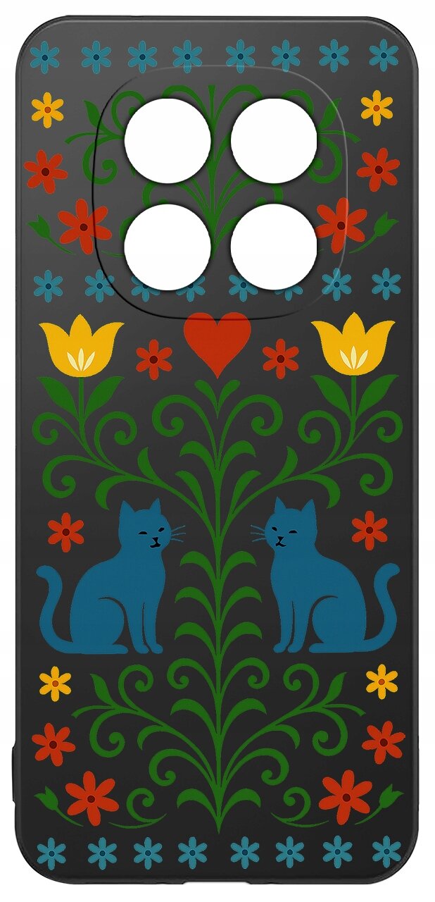 Etui na telefon z kolorowym wzorem przedstawiającym dwa niebieskie koty, żółte kwiaty i czerwone serce na czarnym tle.
