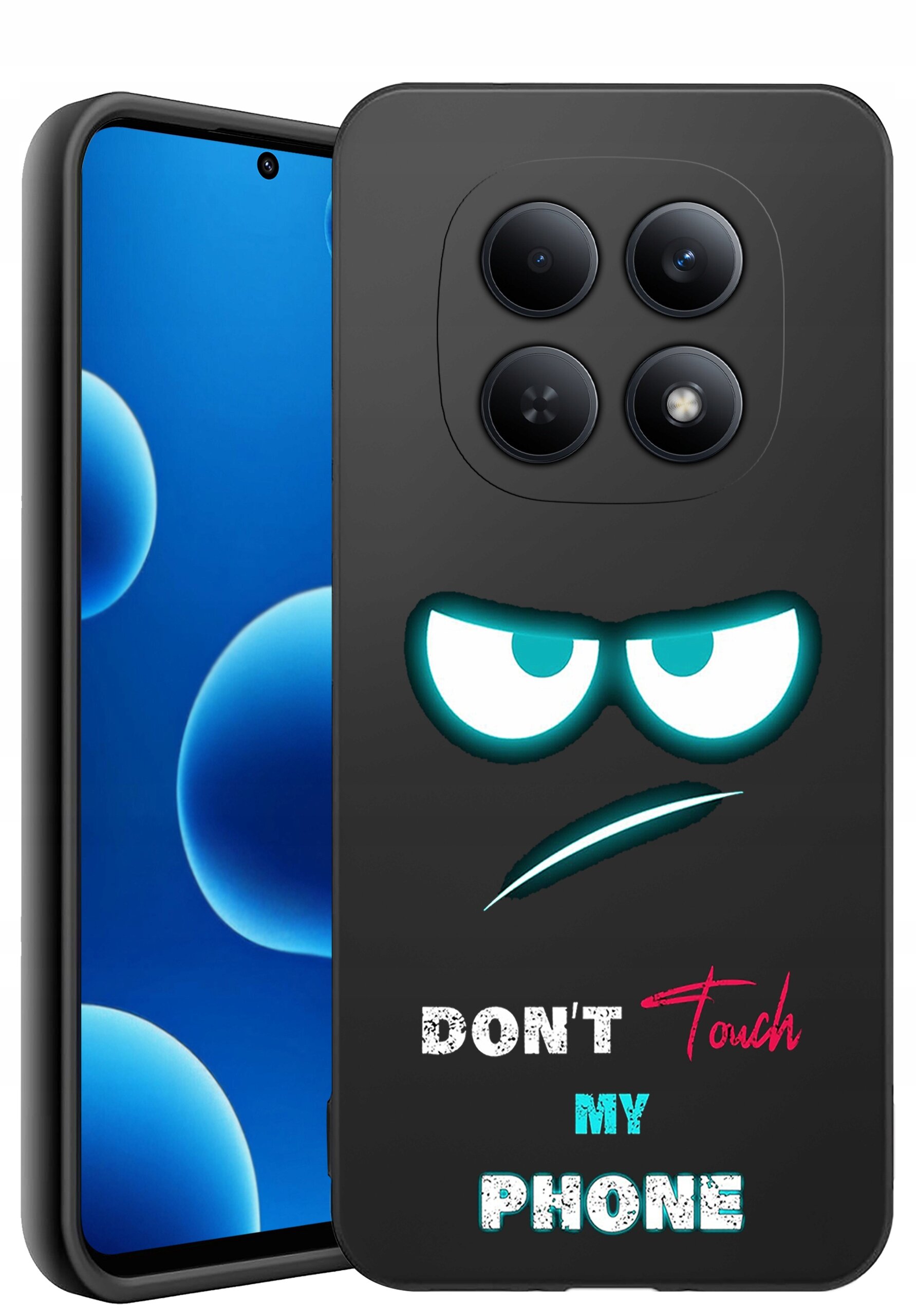 Czarne etui na telefon z nadrukiem przedstawiającym zarys oczu i ust oraz napisem \'DON\'T Touch MY PHONE\'. Obok etui widoczny jest telefon z niebieskim ekranem.