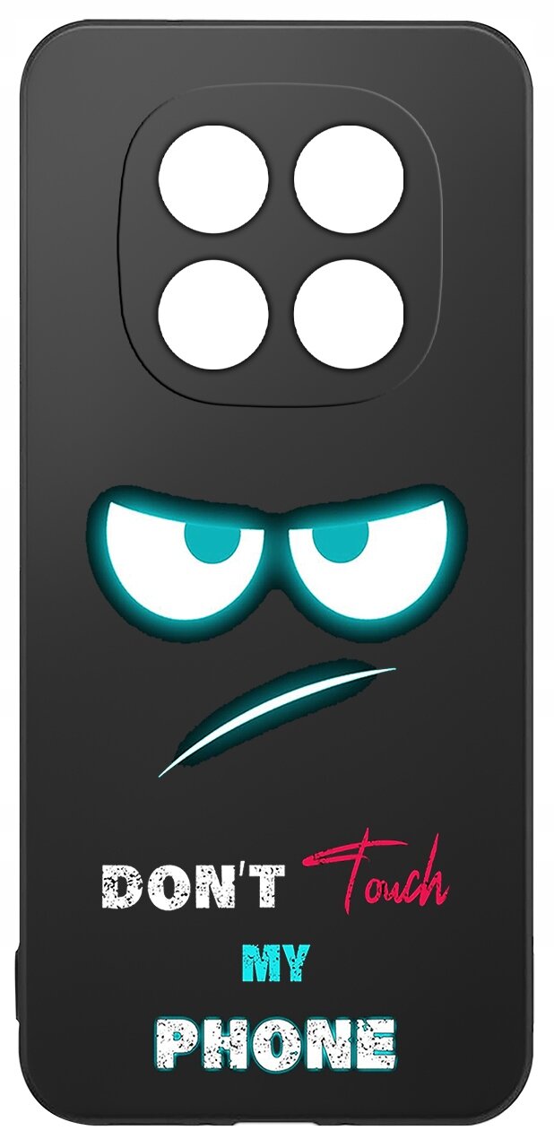 Czarne etui z wycięciem na aparat, ozdobione rysunkiem oczu i napisem \'DON\'T Touch MY PHONE\'.