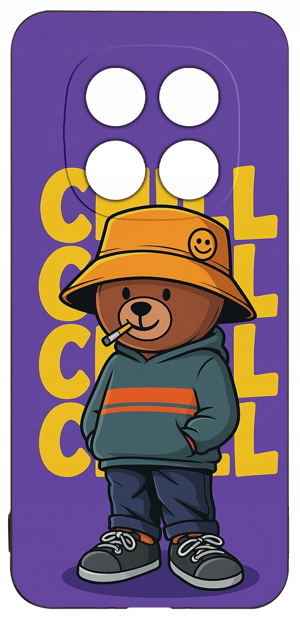 Etui na telefon w kolorze fioletowym z grafiką misia w pomarańczowym kapeluszu i zielonej bluzie. W tle widoczny jest żółty napis \'COOL\'.