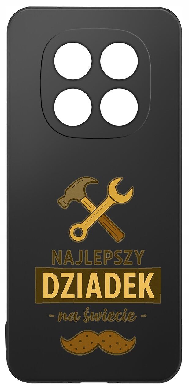 Czarne etui z grafiką przedstawiającą skrzyżowane narzędzia oraz napis \'NAJLEPSZY DZIADZEK na świecie\'.