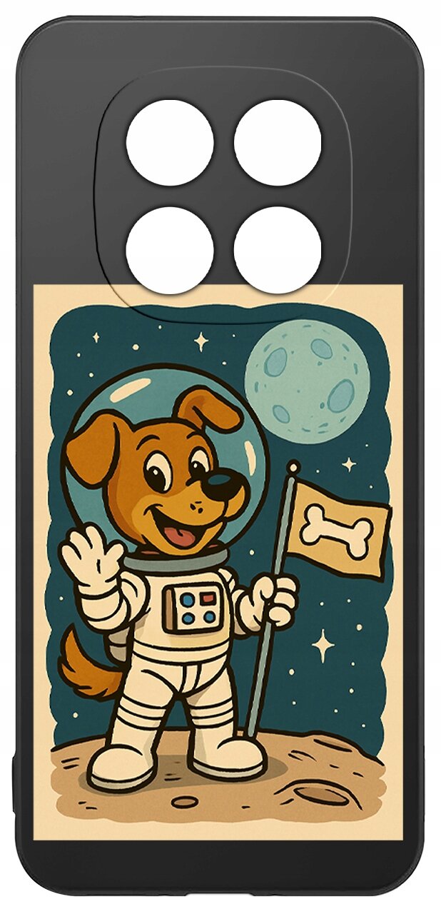 Etui na telefon z grafiką przedstawiającą psa w skafandrze kosmicznym, trzymającego flagę z kością na tle księżyca i gwiazd.
