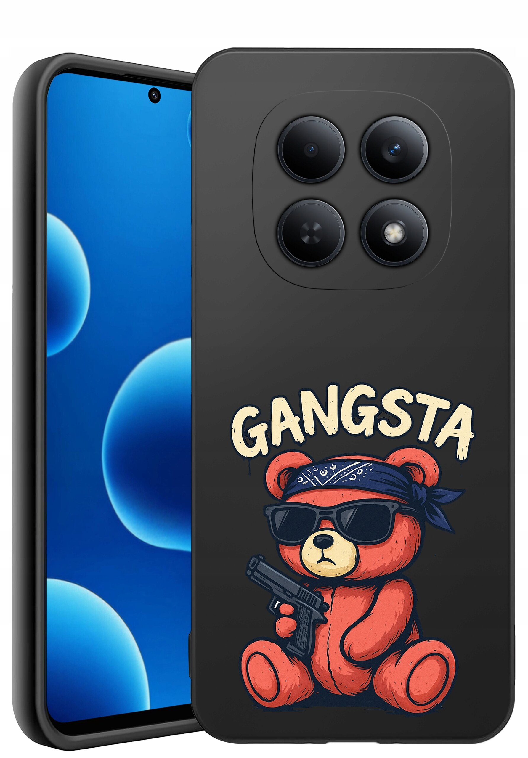 Etui na telefon z nadrukiem misia w okularach przeciwsłonecznych, trzymającego pistolet, z napisem \'GANGSTA\'. Obok widoczny jest telefon z wyświetlaczem pokazującym niebieskie bąbelki.